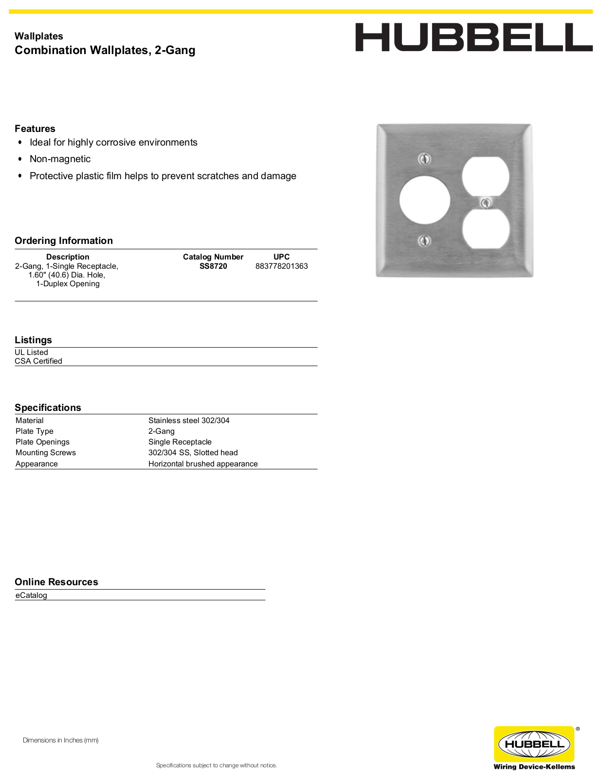 Hubbell SS8720 Specifications