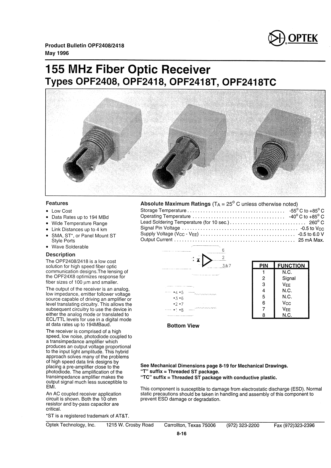 OPTEK OPF2418T, OPF2408, OPF2418 Datasheet