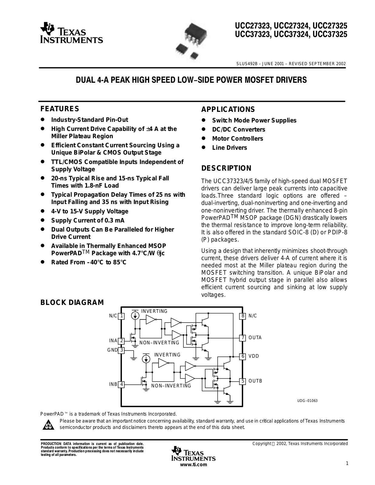 TEXAS INSTRUMENTS UCC27323, UCC27324, UCC27325 Technical data