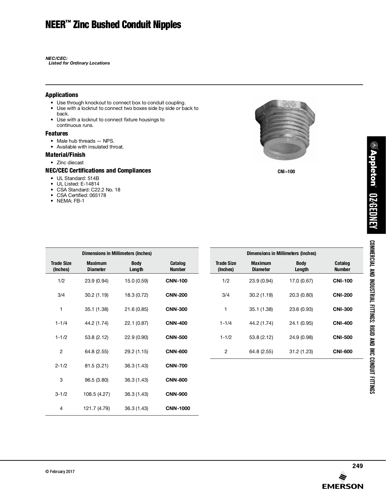 Appleton NEER™ Zinc Bushed Conduit Nipples Catalog Page