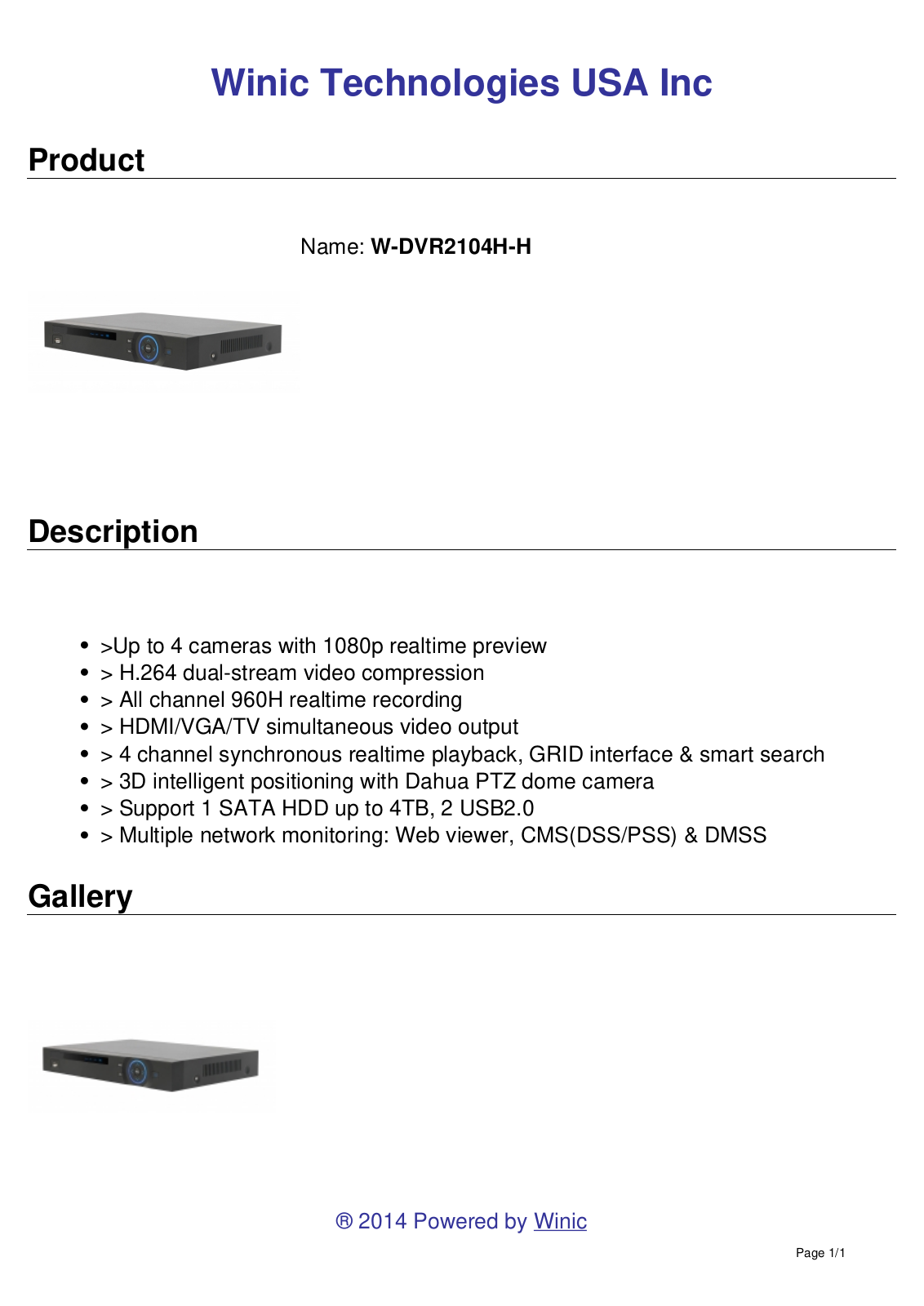 Cantek CT-W-DVR2104H-H Specsheet