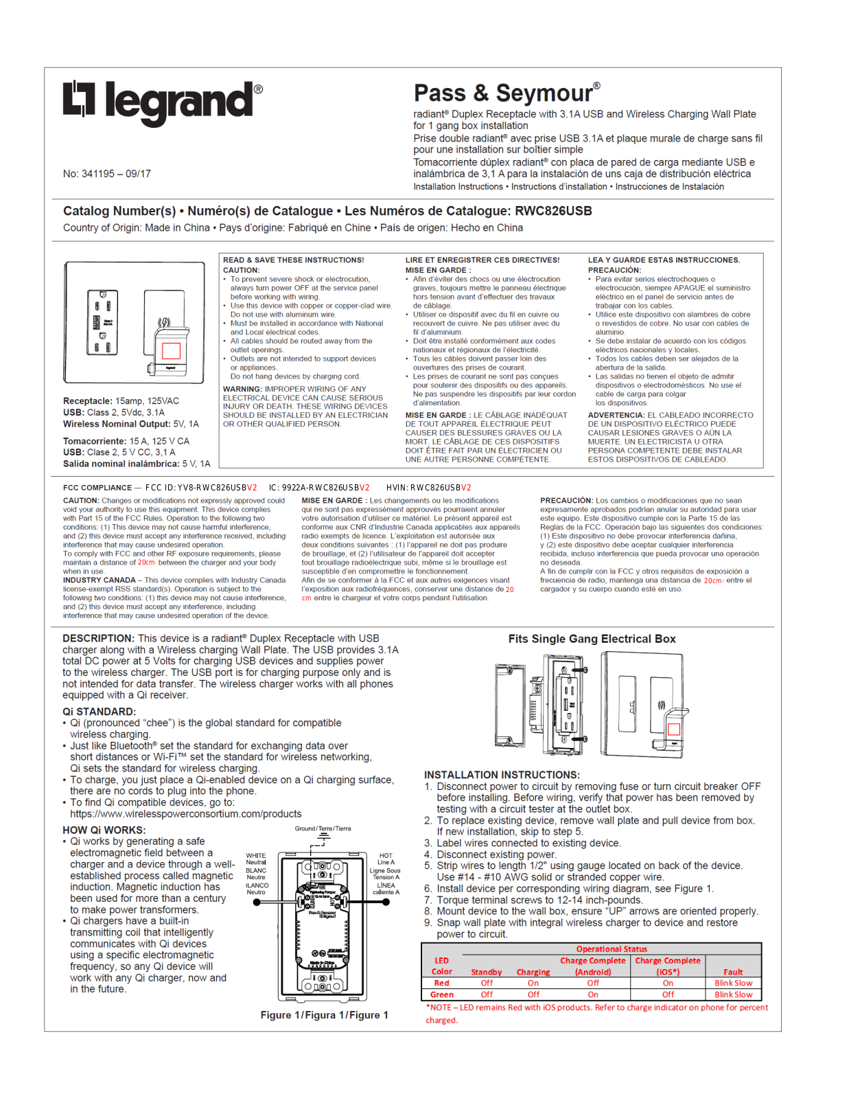 Pass and Seymour d b a Legrand RWC826USBV2 Users Manual