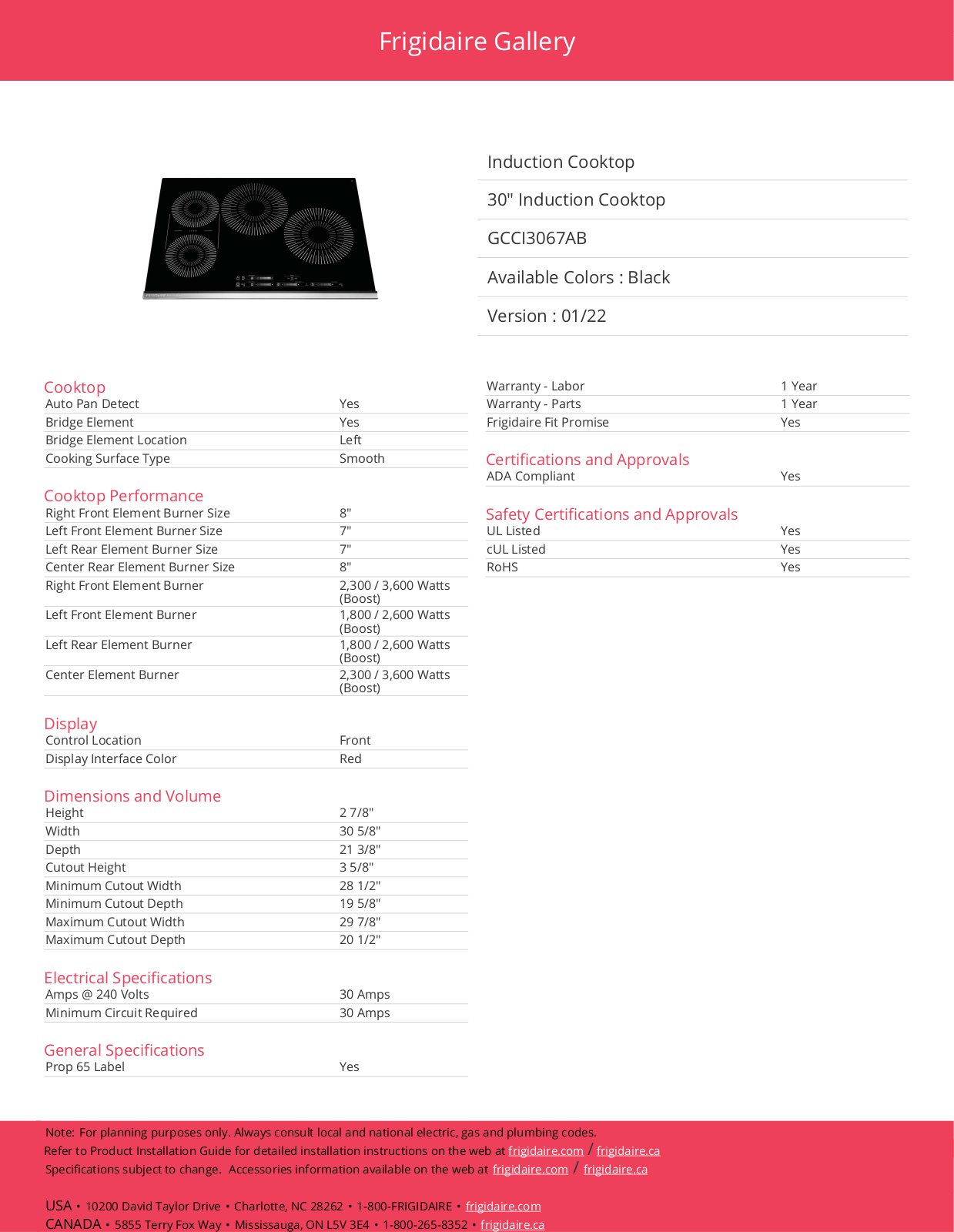 Frigidaire GCCI3067AB Specifications - ManualMachine.com