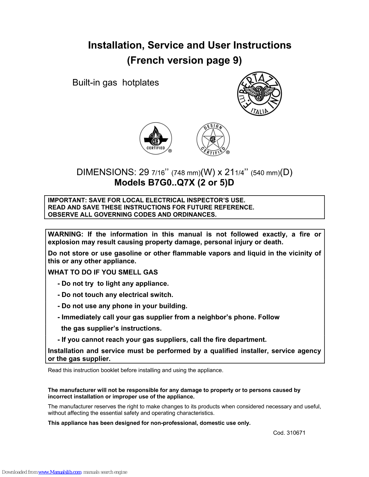 Bertazzoni B7G0..G7X5D, B7G0..G7X2D Installation, Service And User Instructions Manual