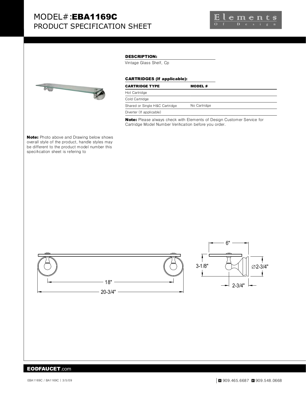 Elements of Design EDE1266 Glass Shelf Specification Sheet - ManualMachine.com