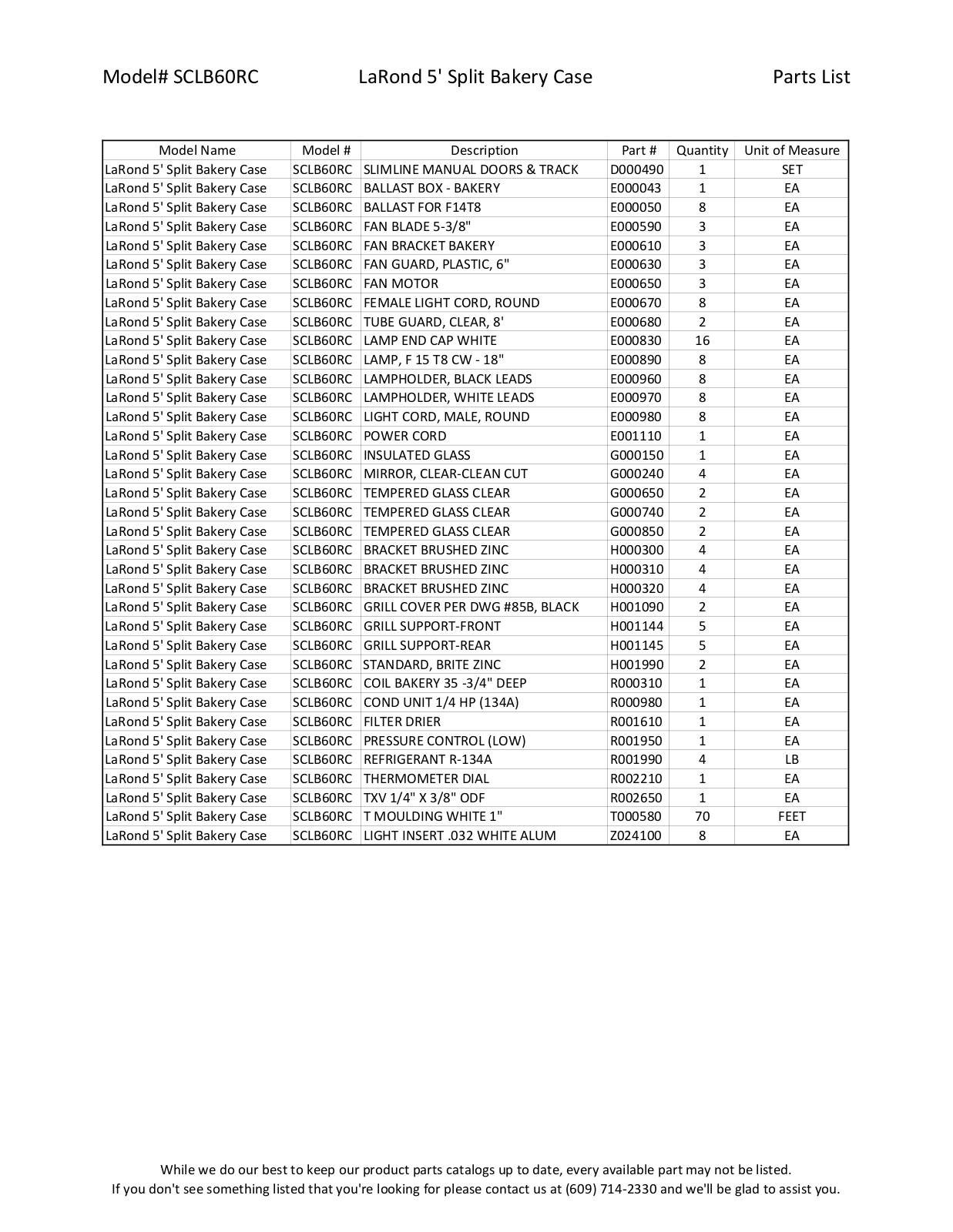 RPI Industries SCLB60RC Parts List