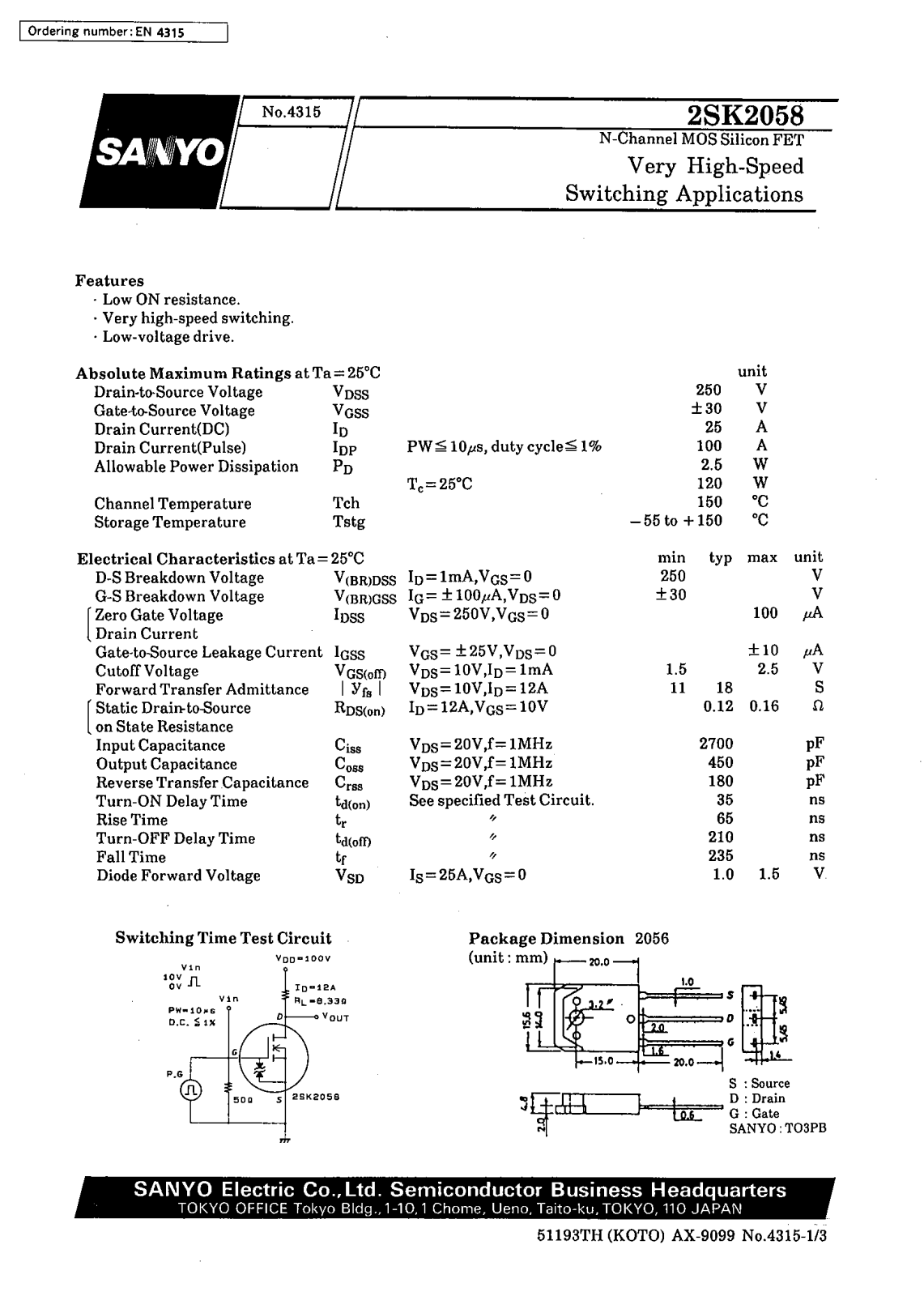 SANYO 2SK2058 Datasheet