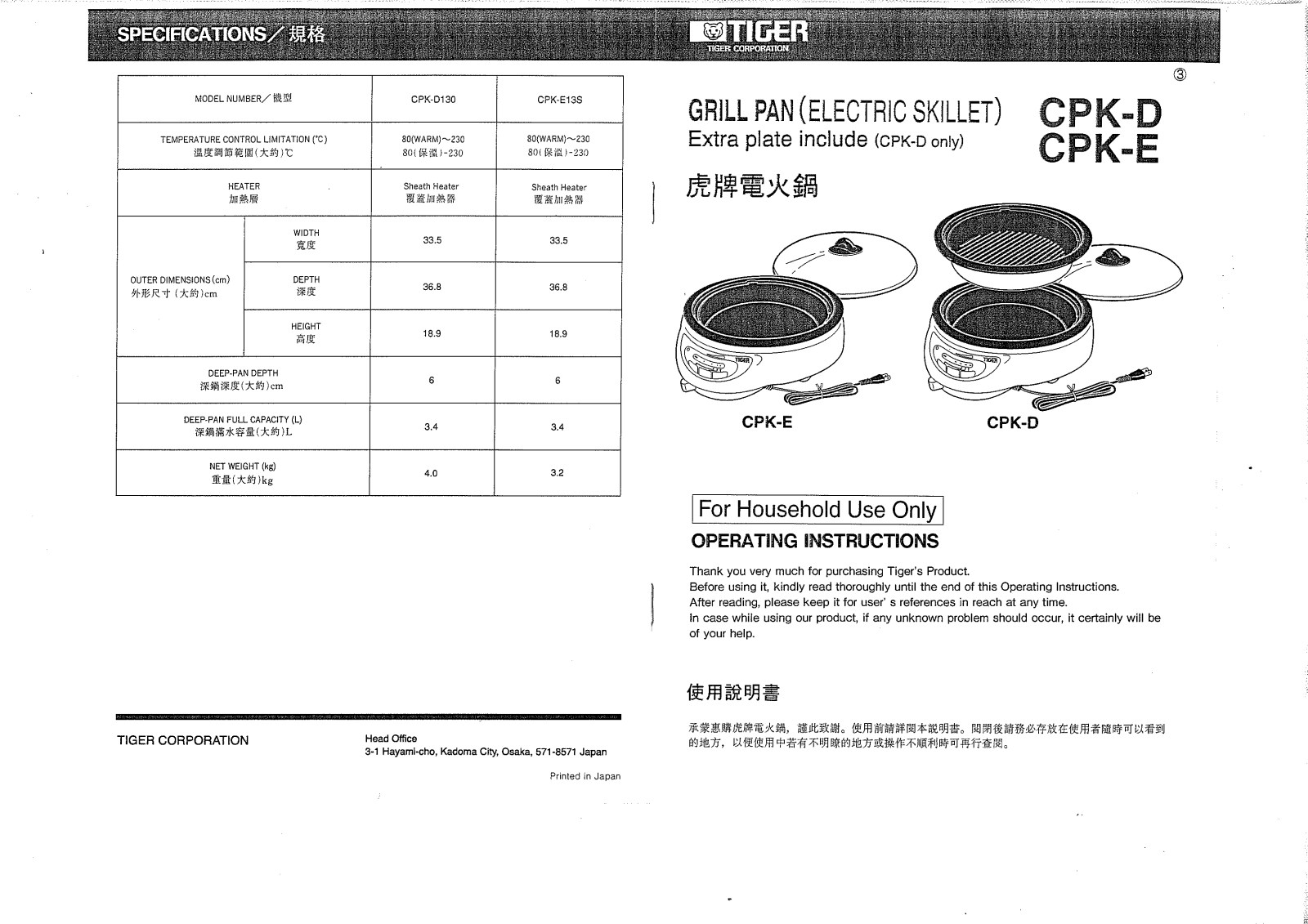 Tiger Corporation CPK-D, CPK-E User Manual