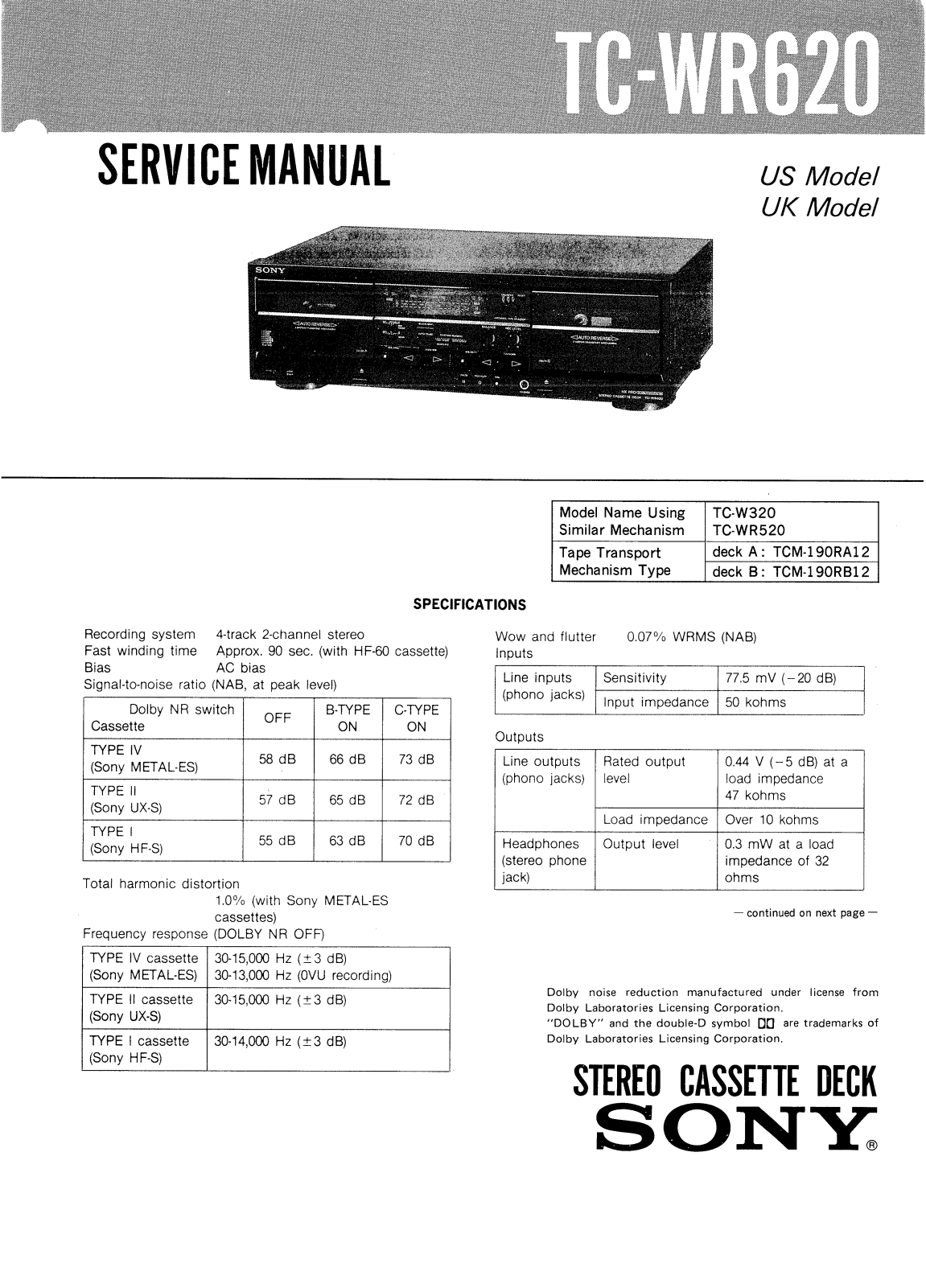 Sony TCWR-620 Service manual