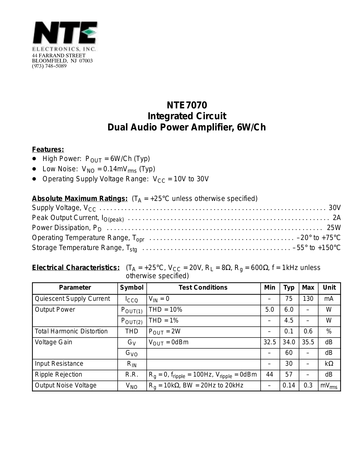 Datasheet NTE7070 Datasheet (NTE) - ManualMachine.com