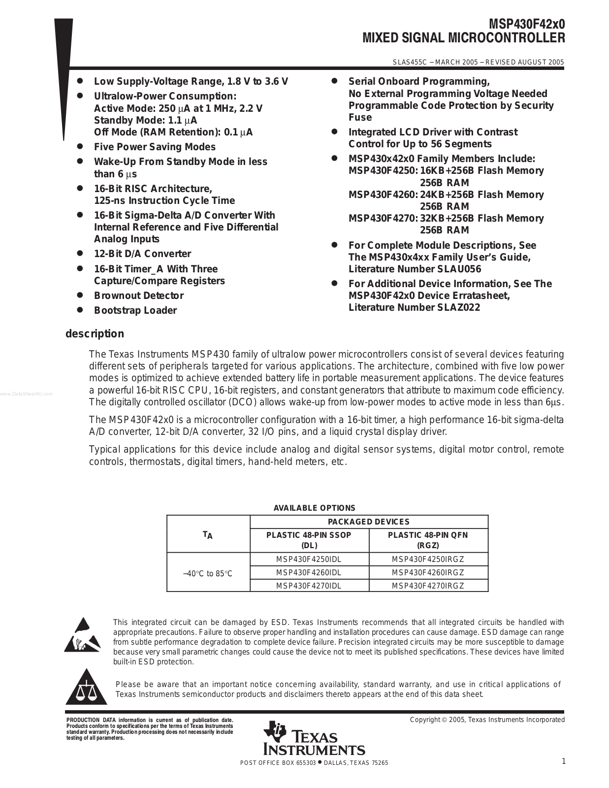 Texas Instruments MSP 430 F 4260 INSTALLATION INSTRUCTIONS