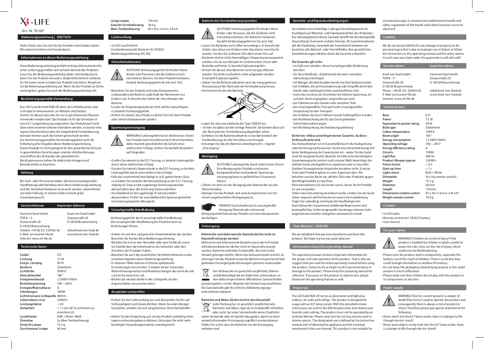 X4-LIFE 701457 User manual