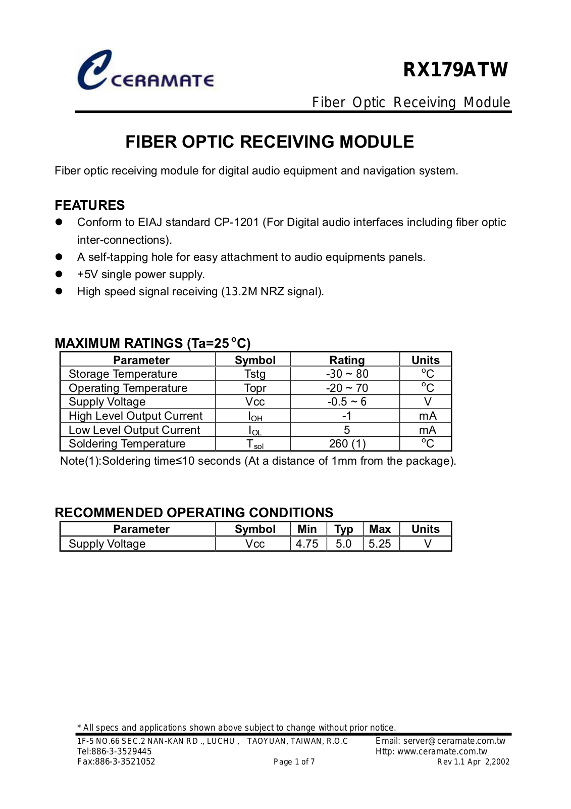 CERAMATE RX179ATW Datasheet