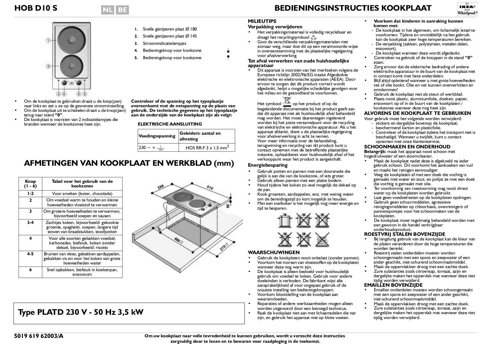 Whirlpool HOB D10 S PROGRAM CHART