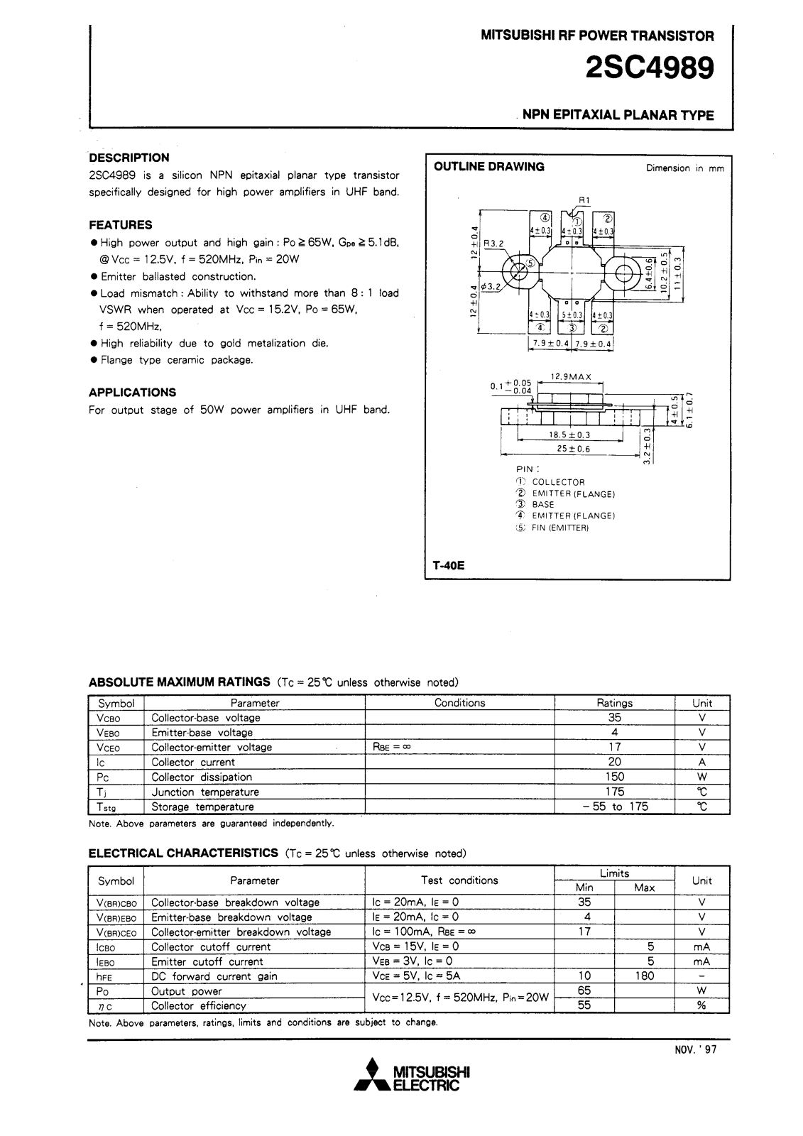 Mitsubishi Electric Corporation Semiconductor Group 2SC4989 Datasheet