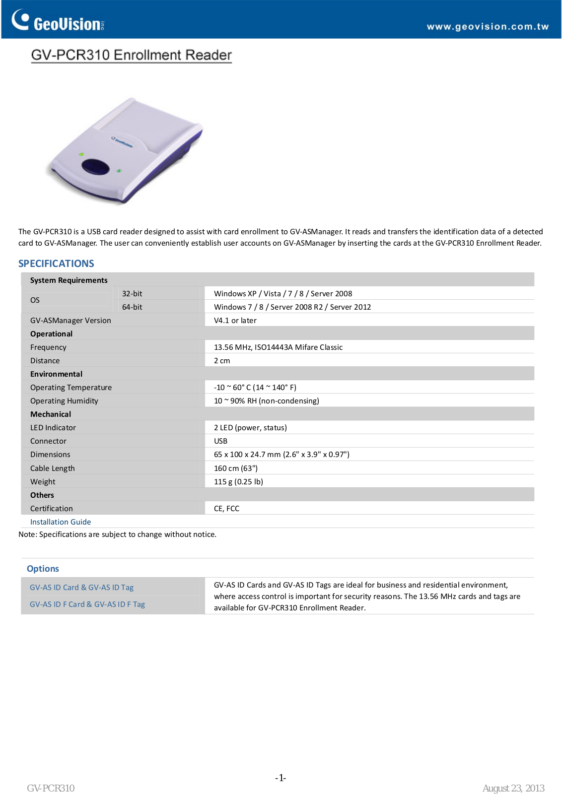 Geovision GV-PCR310 Specsheet