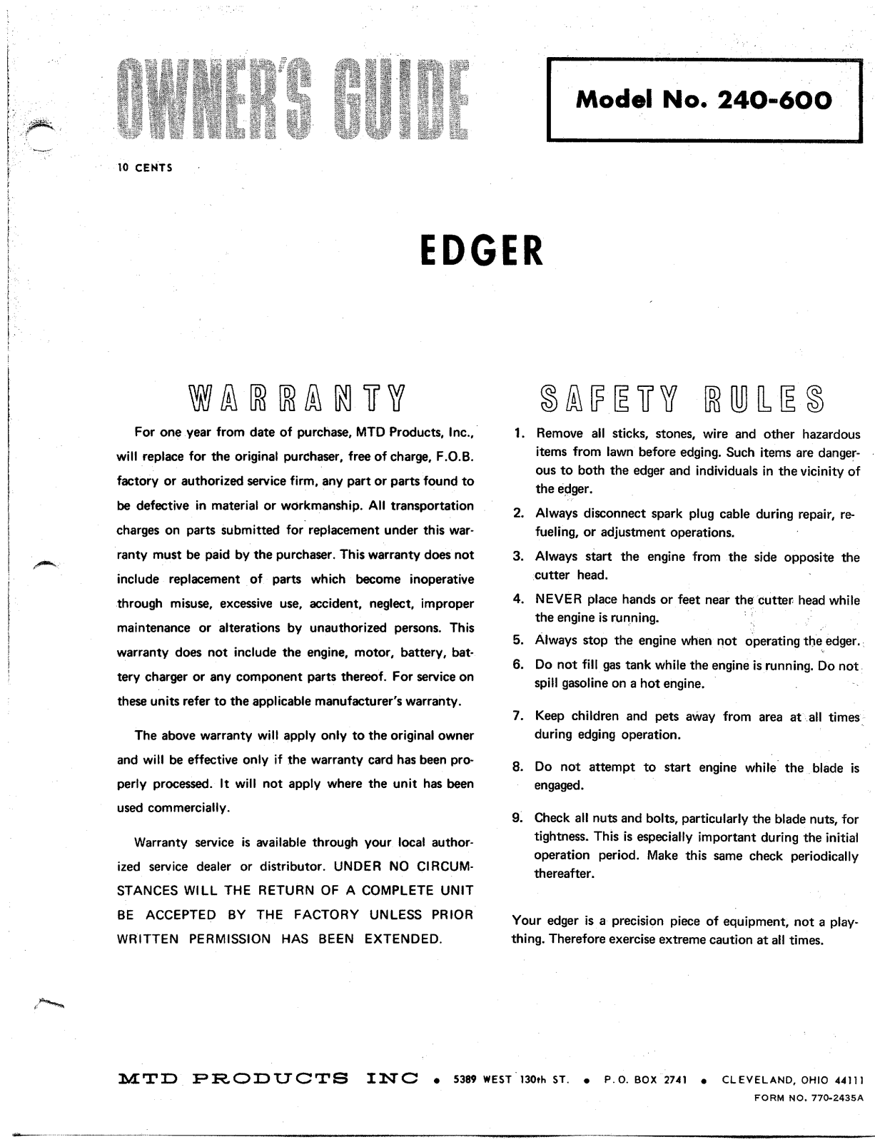 Bolens 240-600 User Manual