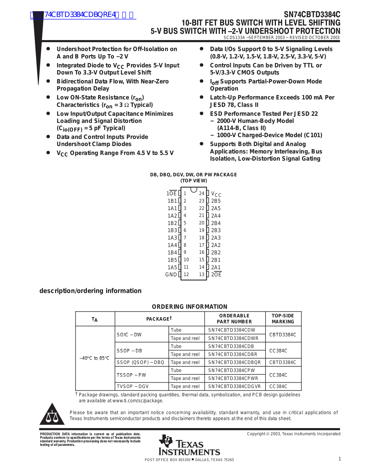 TEXAS INSTRUMENTS SN74CBTD3384C Technical data