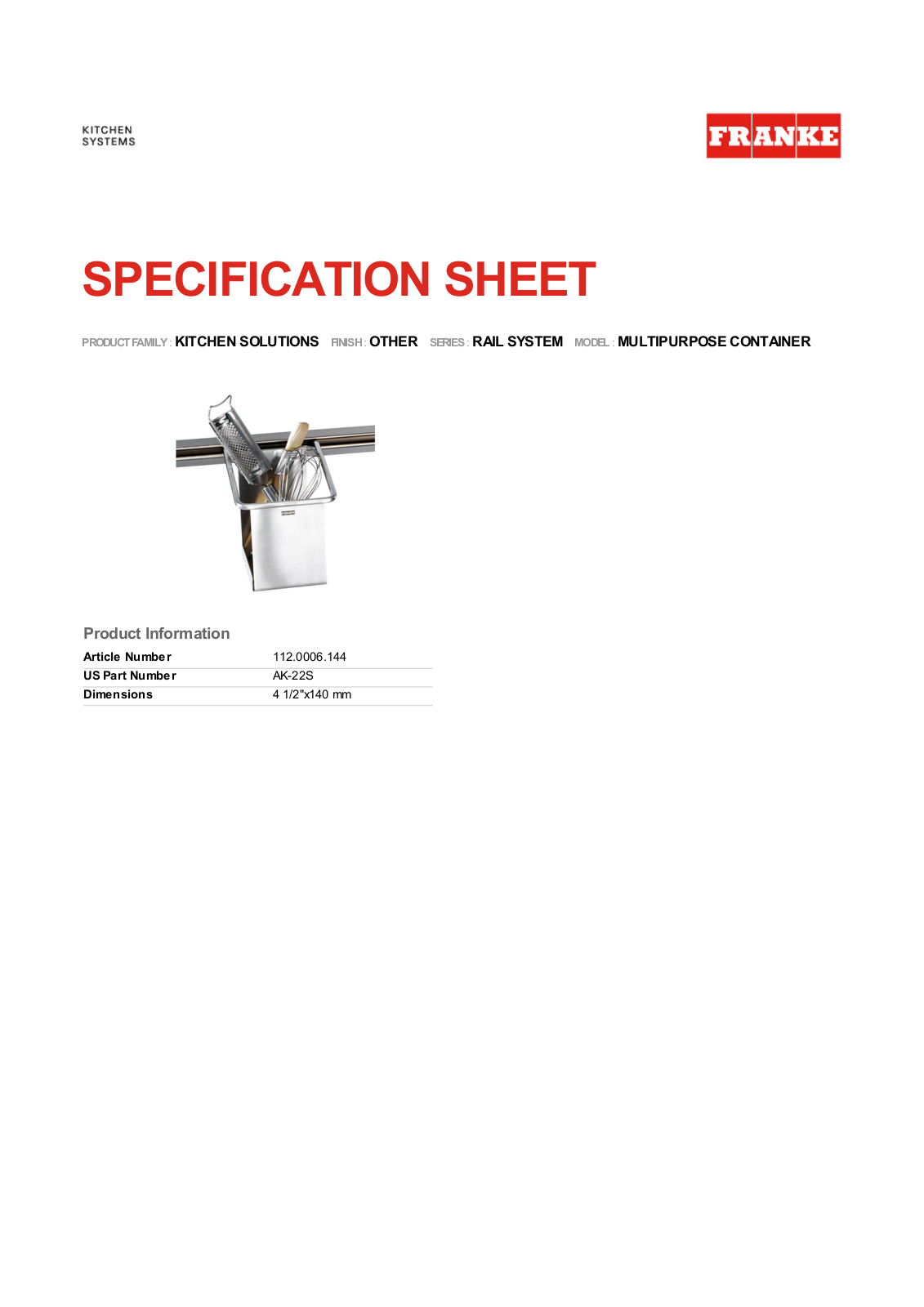 Franke Foodservice MULTIPURPOSE CONTAINER User Manual