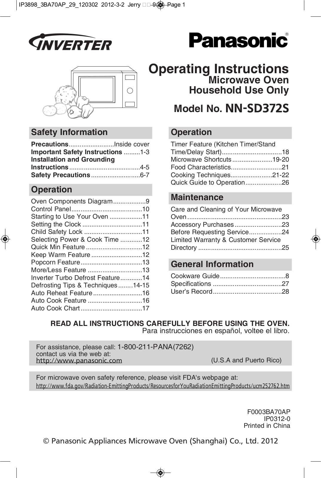 Panasonic NN-SD372S User Manual