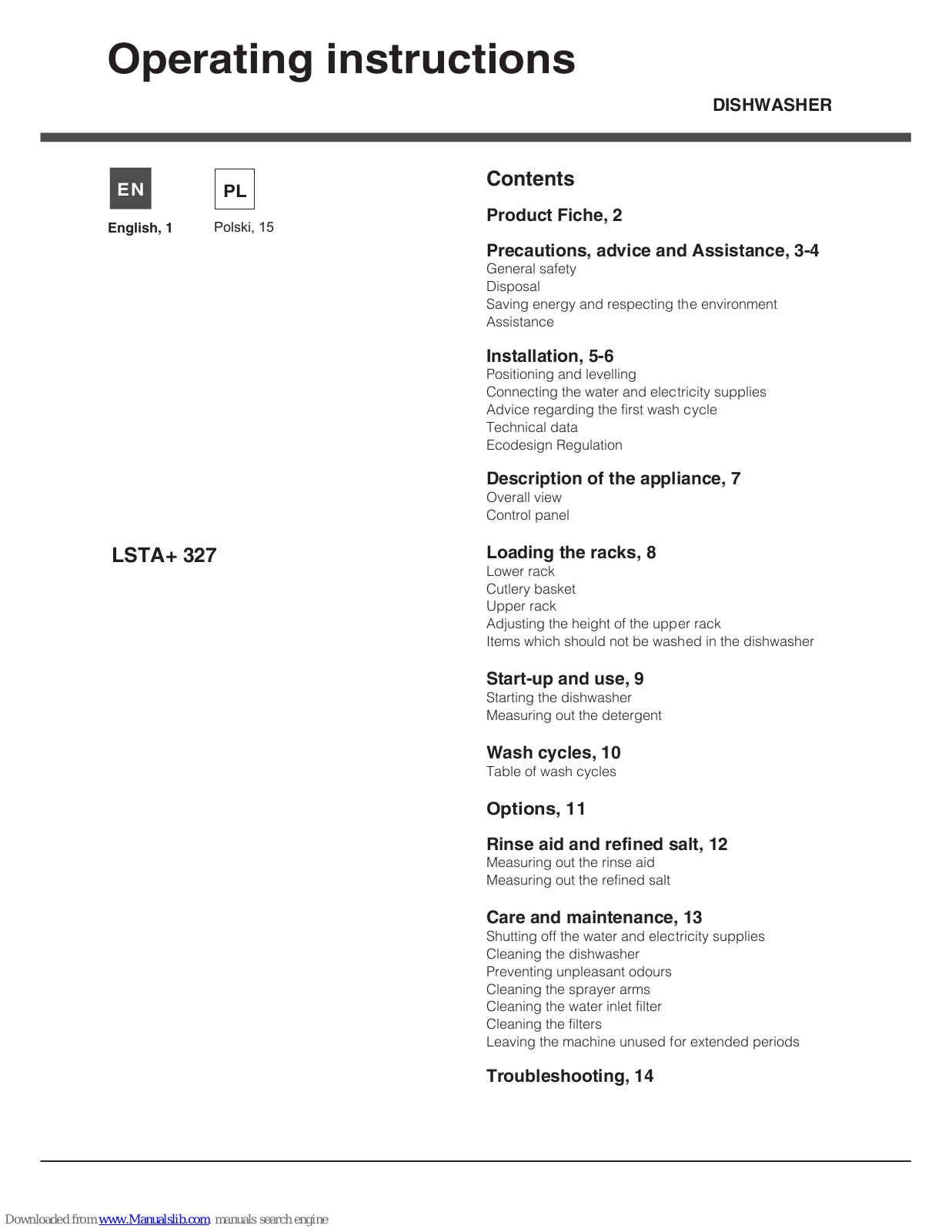 Hotpoint Ariston LSTA+ 327 Operating Instructions Manual