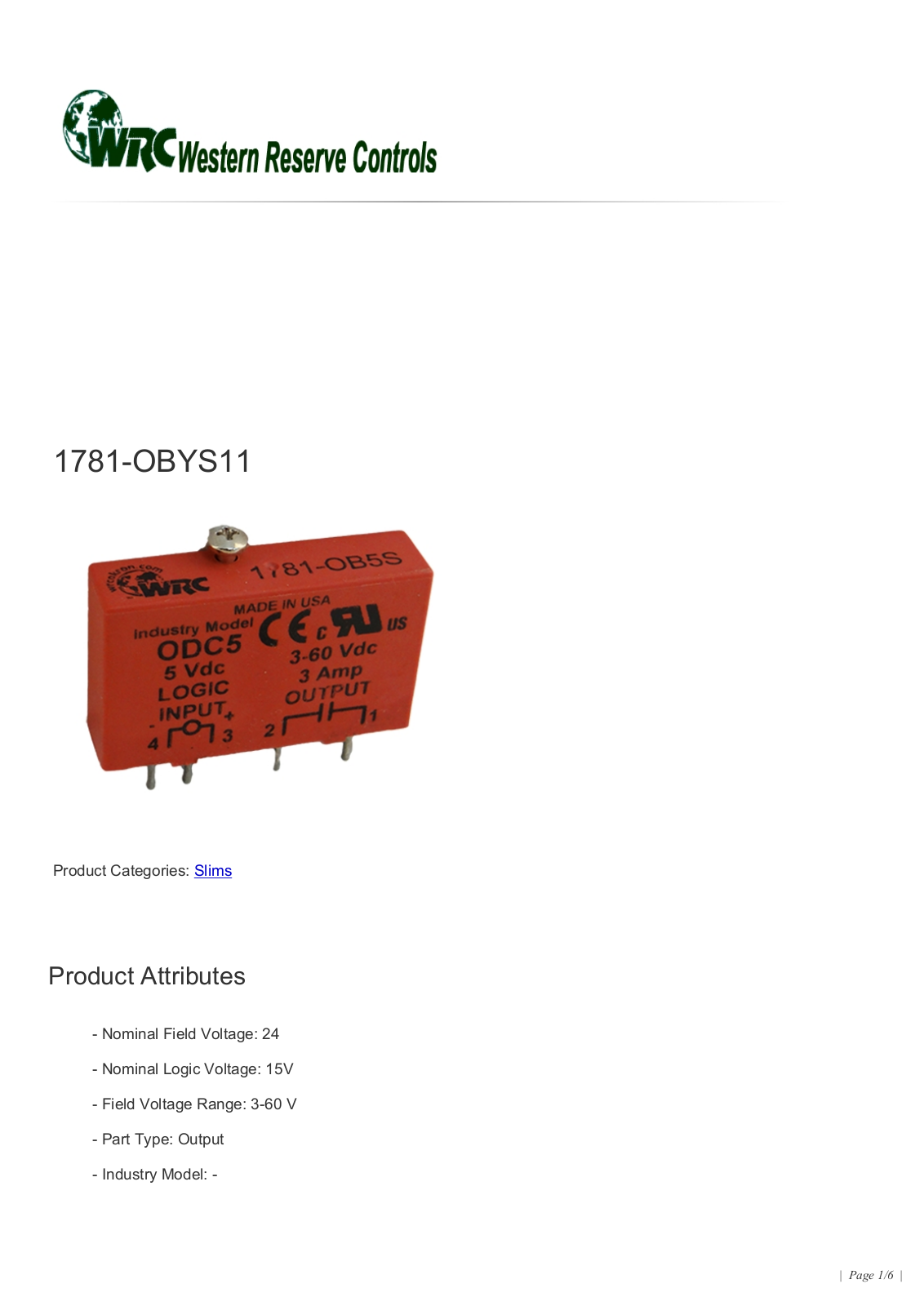 Western Reserve Controls 1781-OBYS11 Data Sheet