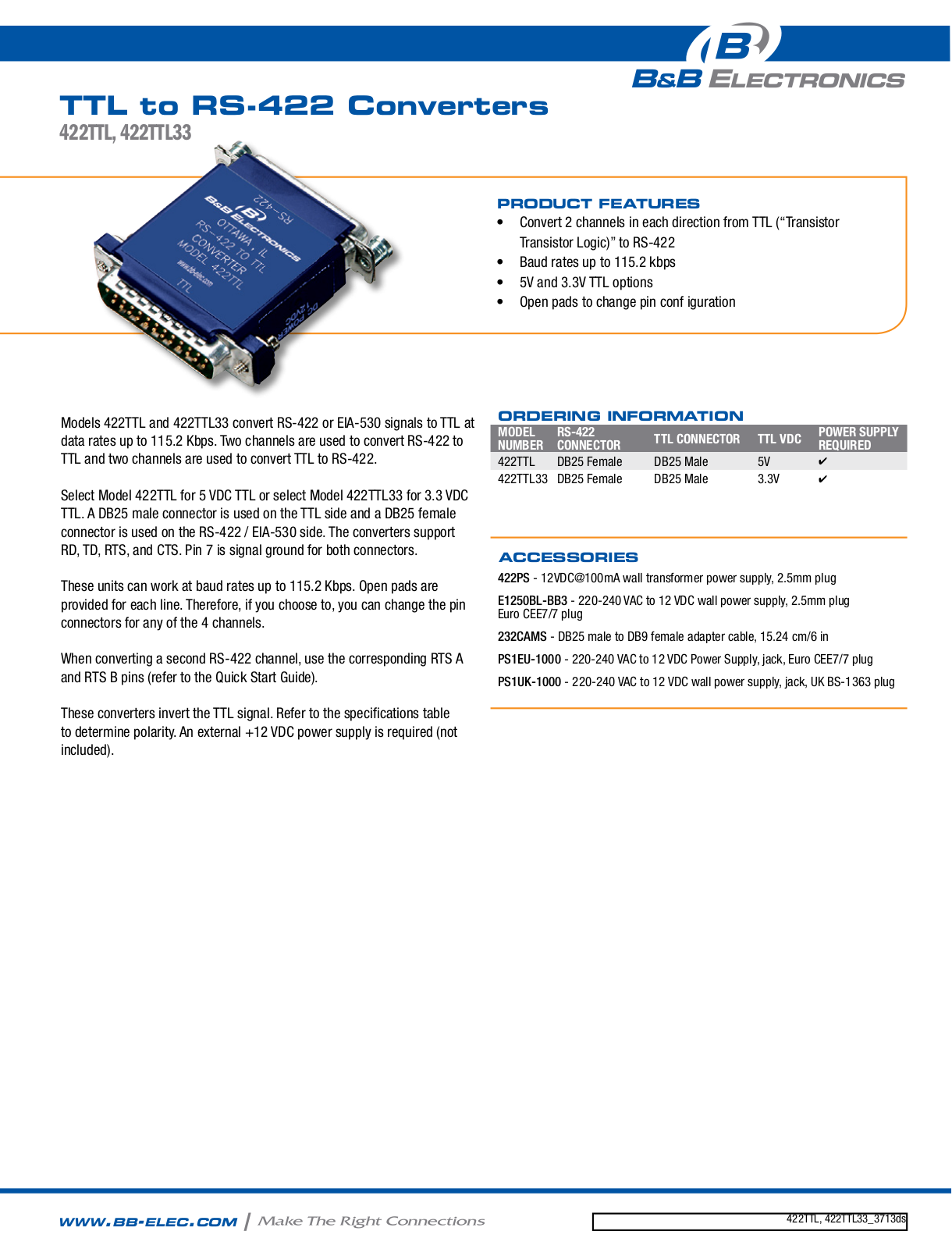 B&B Electronics 422TTL33 Datasheet