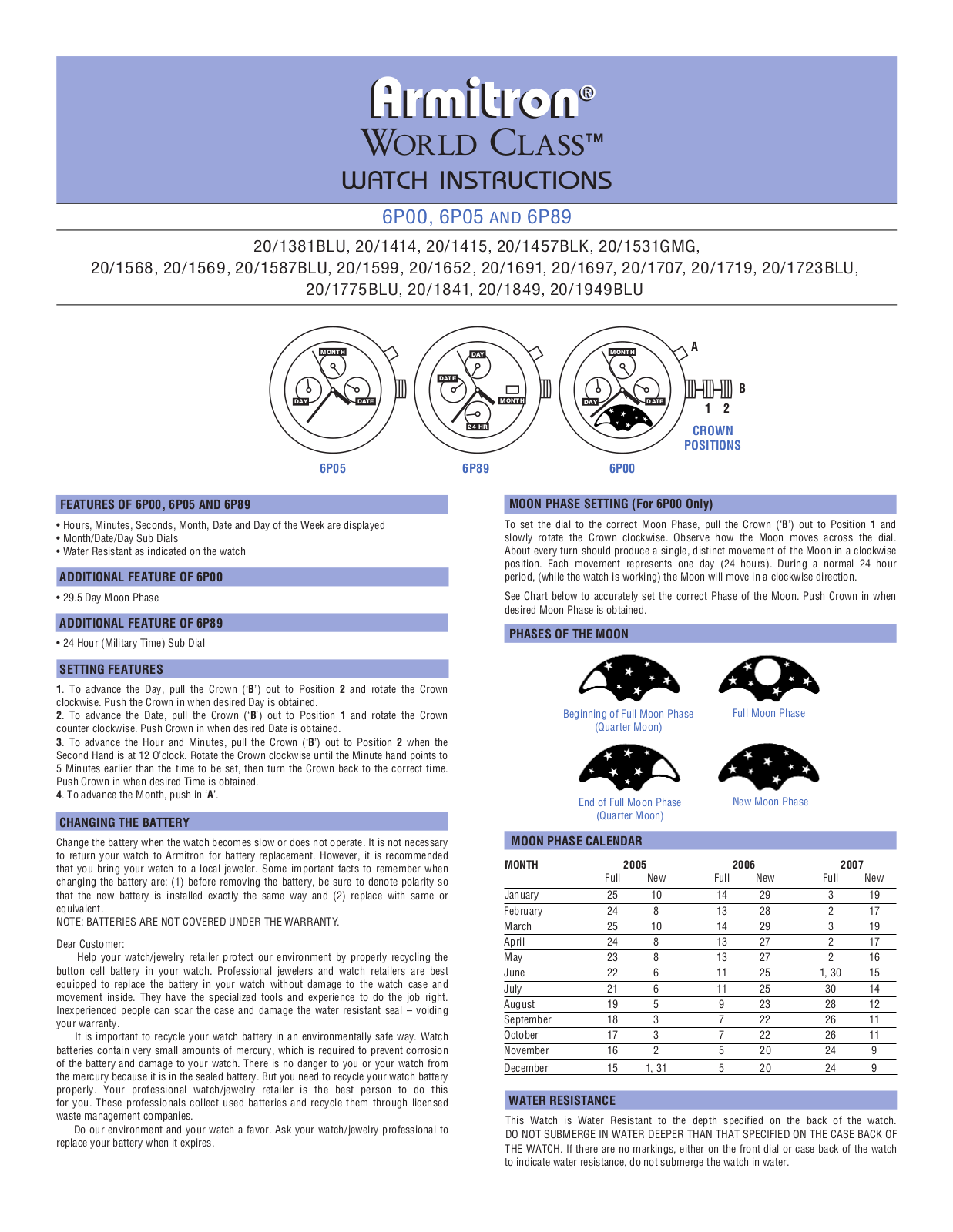 Armitron 6P05, 6P89, 6P00 User Manual