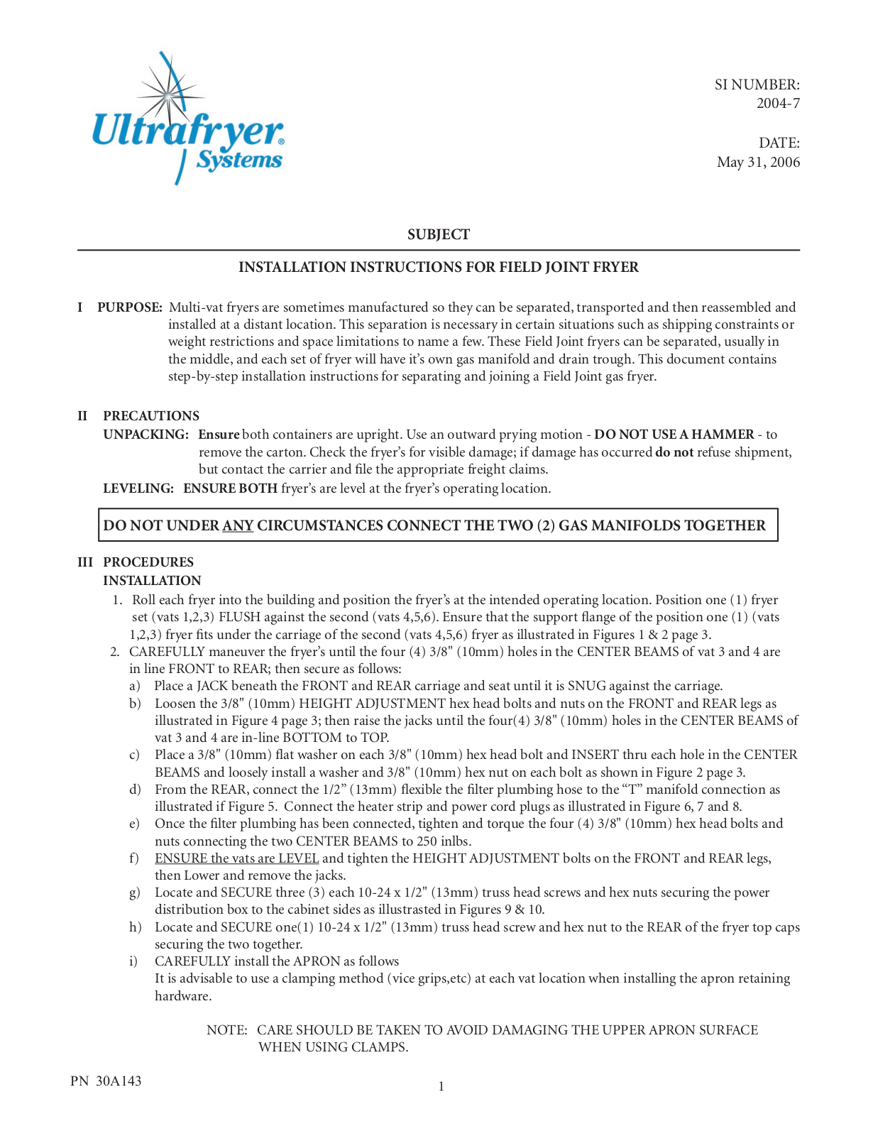 Ultrafryer Joint Fryer Installation Manual