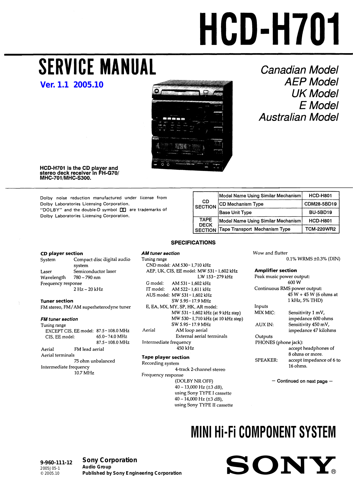 Sony HCD-H701 Schematic