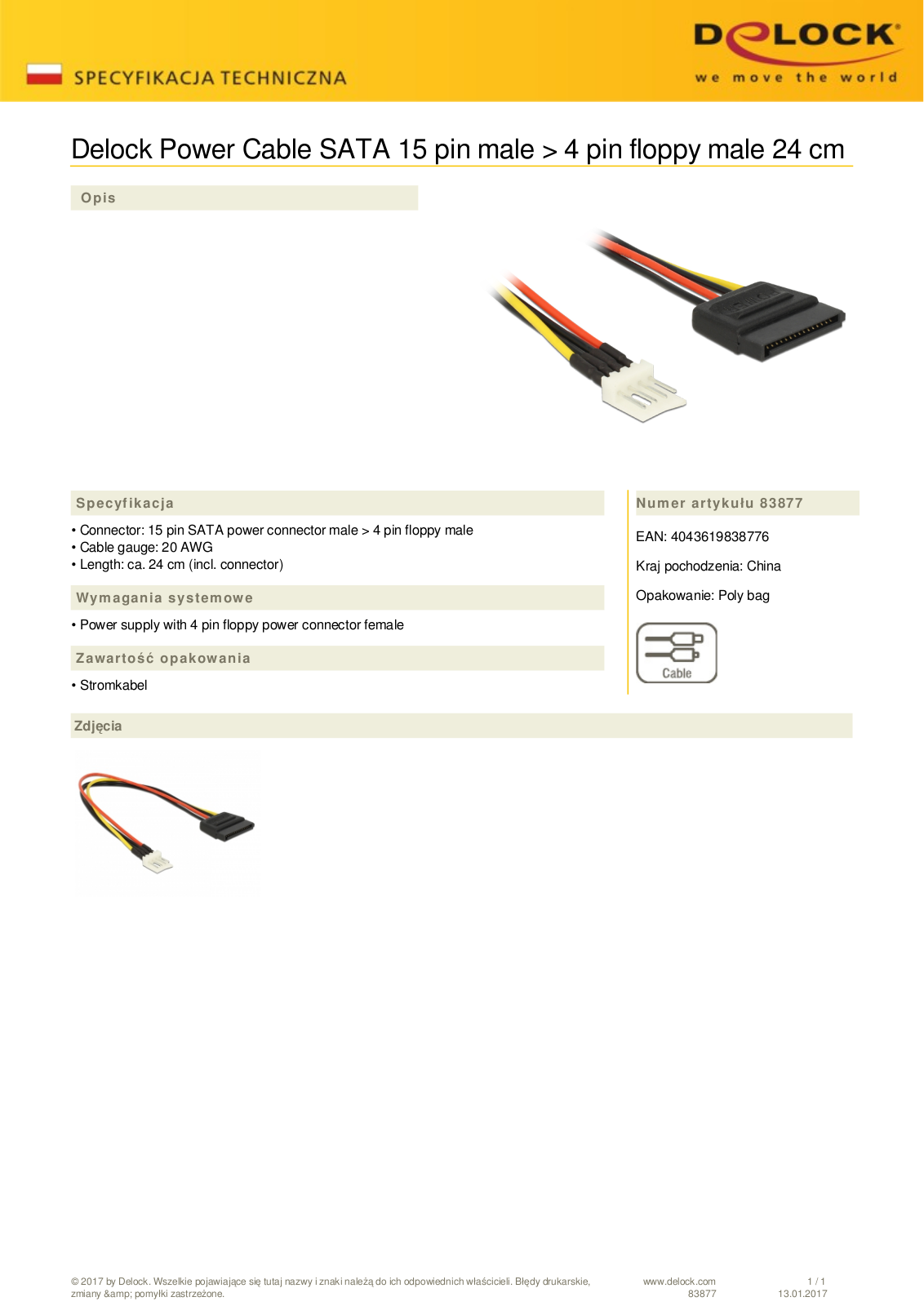 DeLOCK power cable SATA 15-Pin plug on Floppy 4-Pin plug, 0.24m User Manual