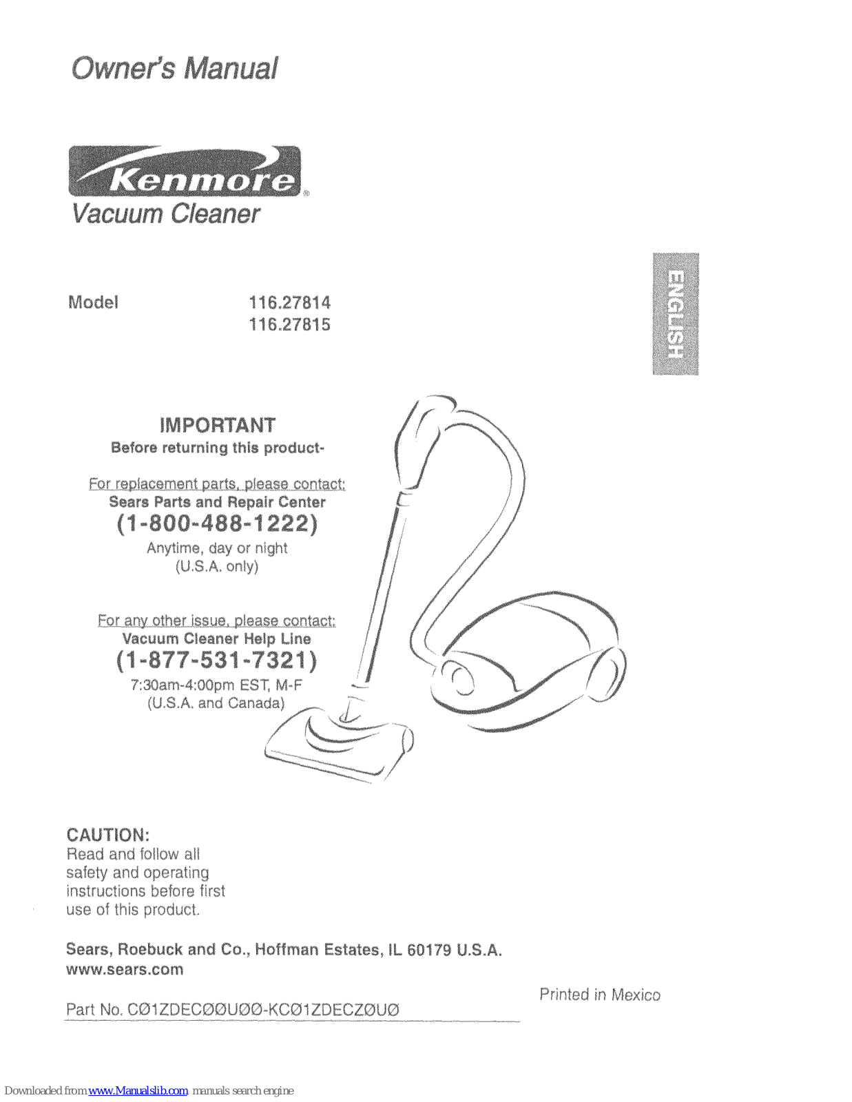 Kenmore 27814 - Canister Vacuum, Yellow, 116.27814, 116.27815 Owner's Manual - ManualMachine.com