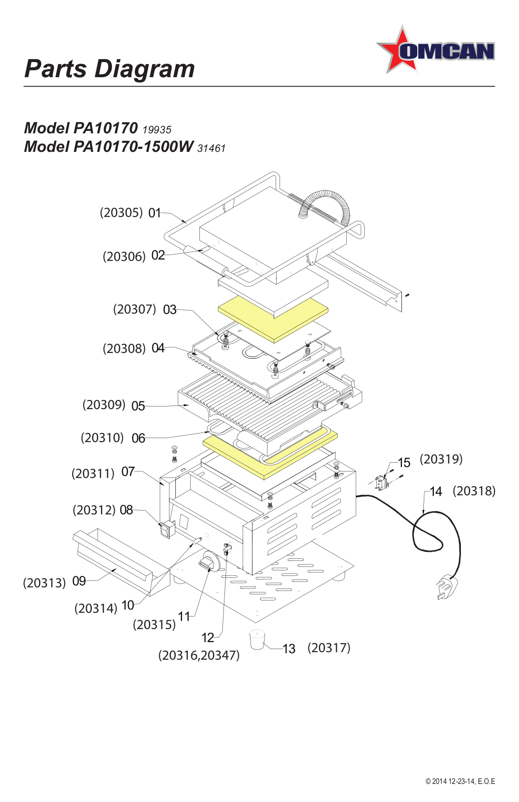 Omcan Food Machinery PA10170 Parts List