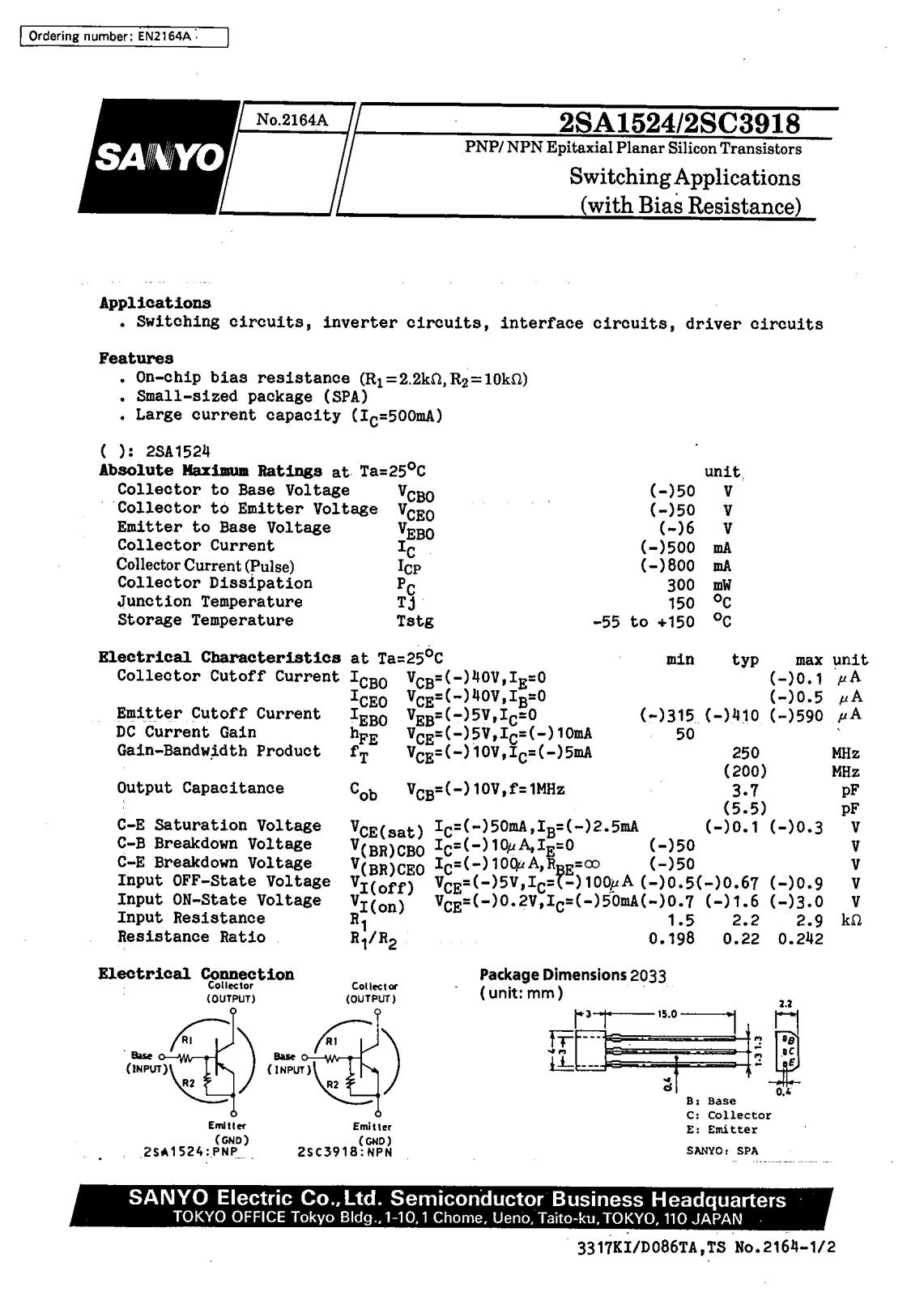 SANYO 2SC3918, 2SA1524 Datasheet