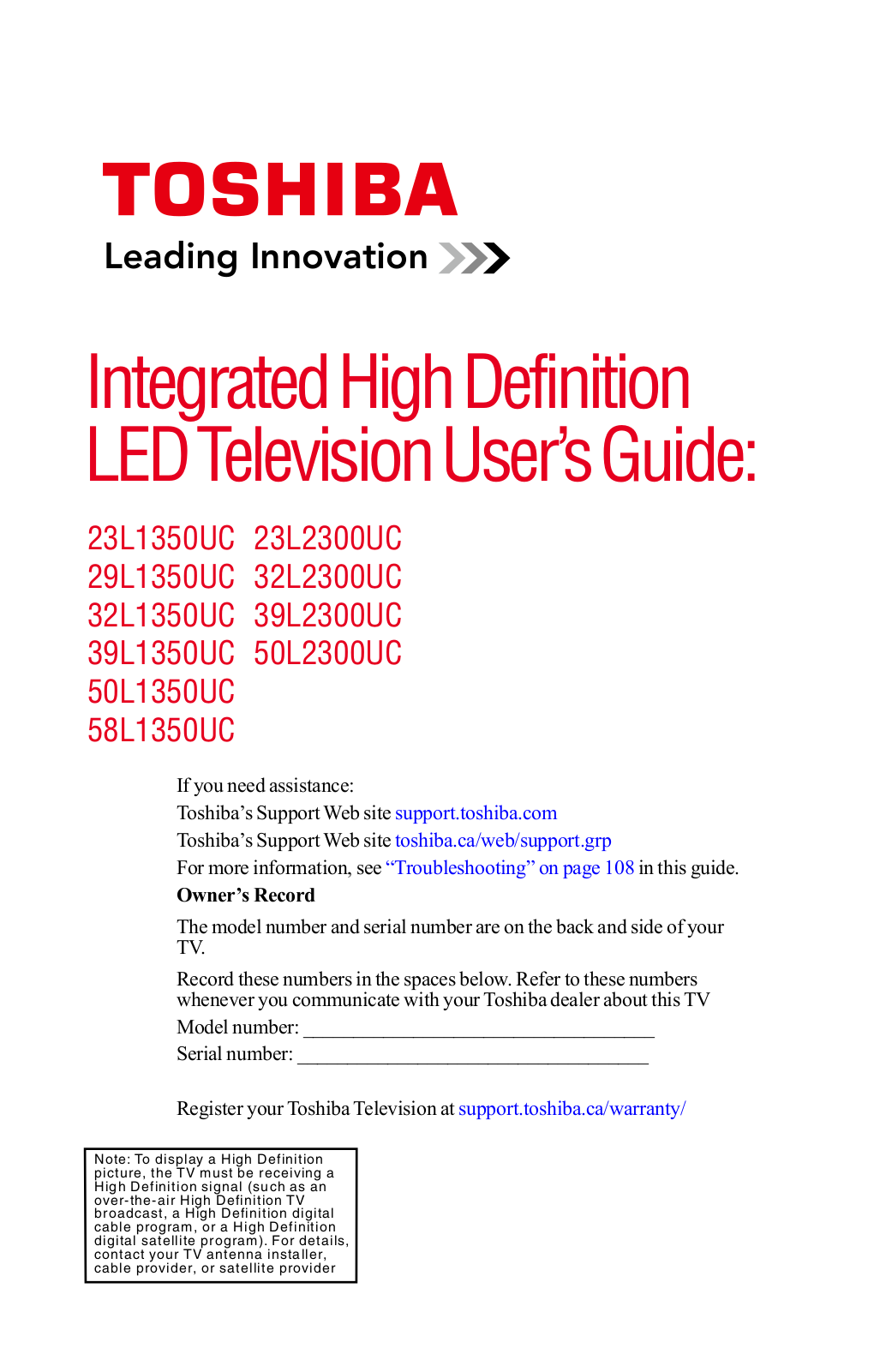 Toshiba 58L1350UC, 50L1350UC, 39L2300UC, 32L2300UC, 32L1350UC User Manual