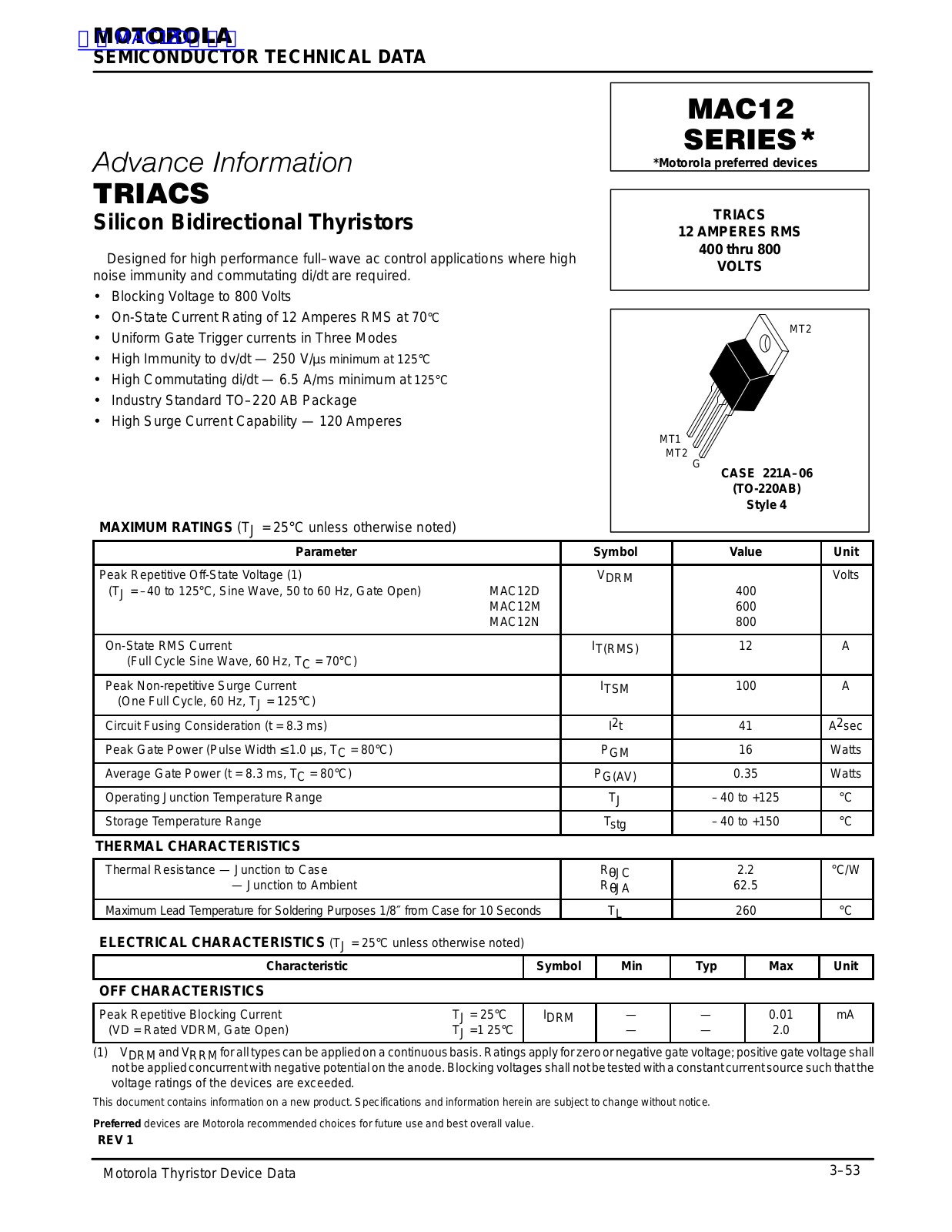 Datasheet MAC12 Datasheet (MOTOROLA) - ManualMachine.com