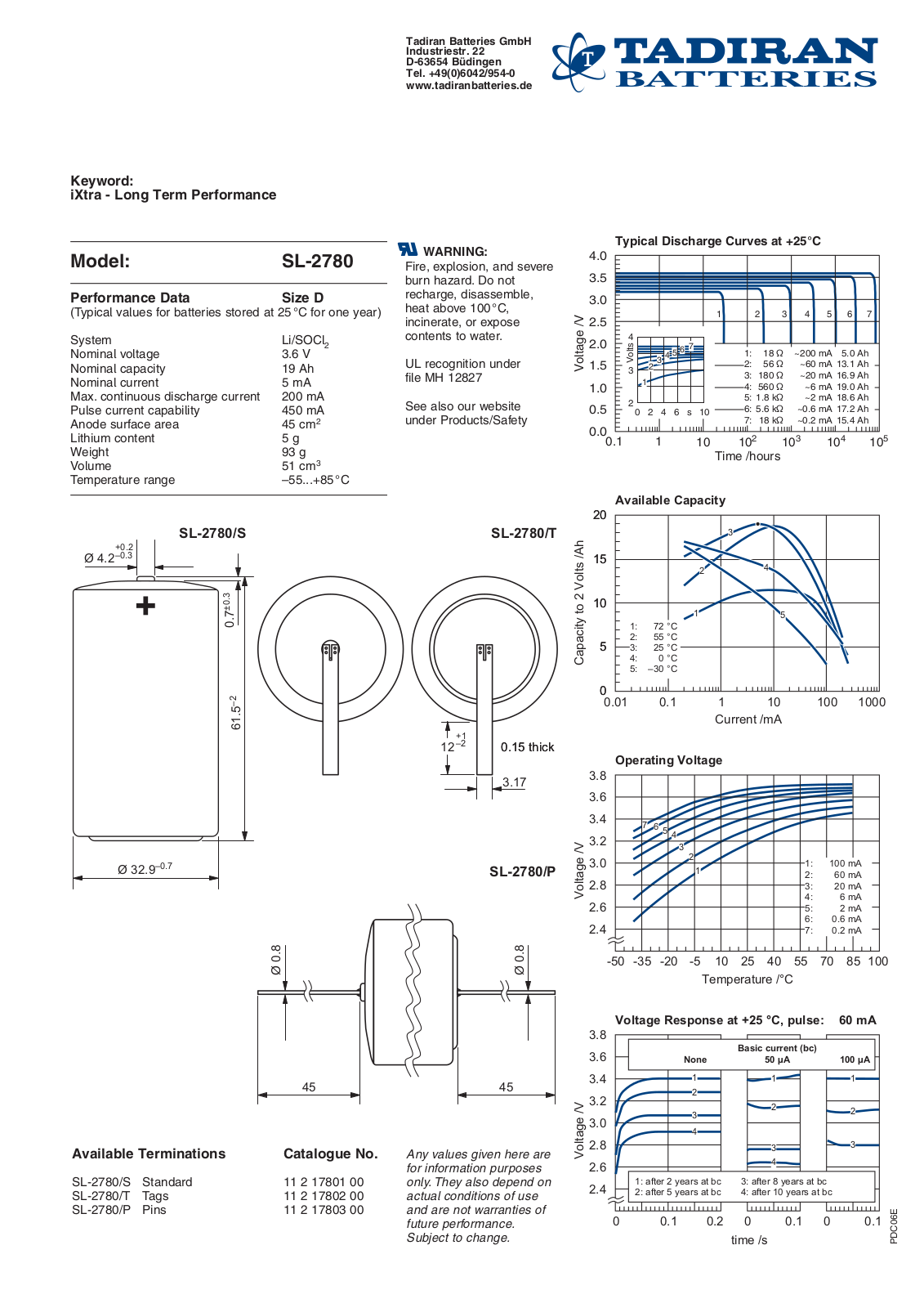 TADIRAN BATTERIES SL-2780 User Manual