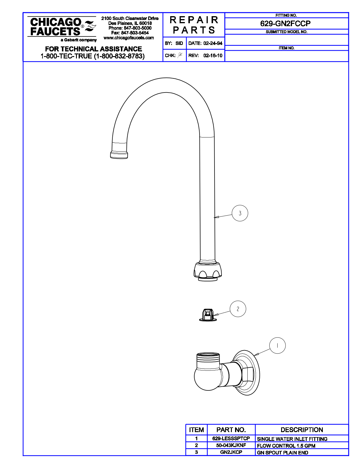 Chicago Faucet 629-GN2FC Parts List