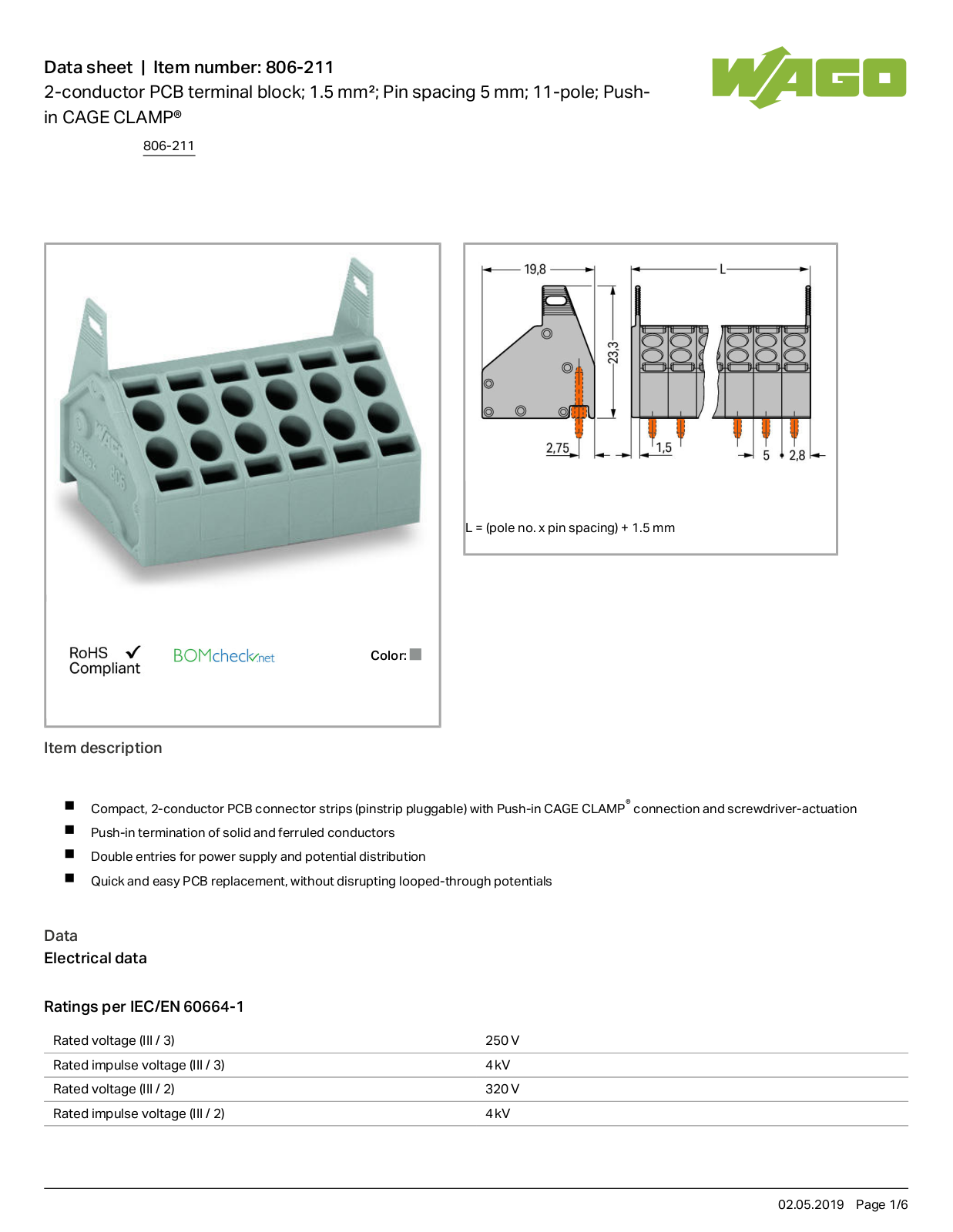 Wago 806-211 Data Sheet