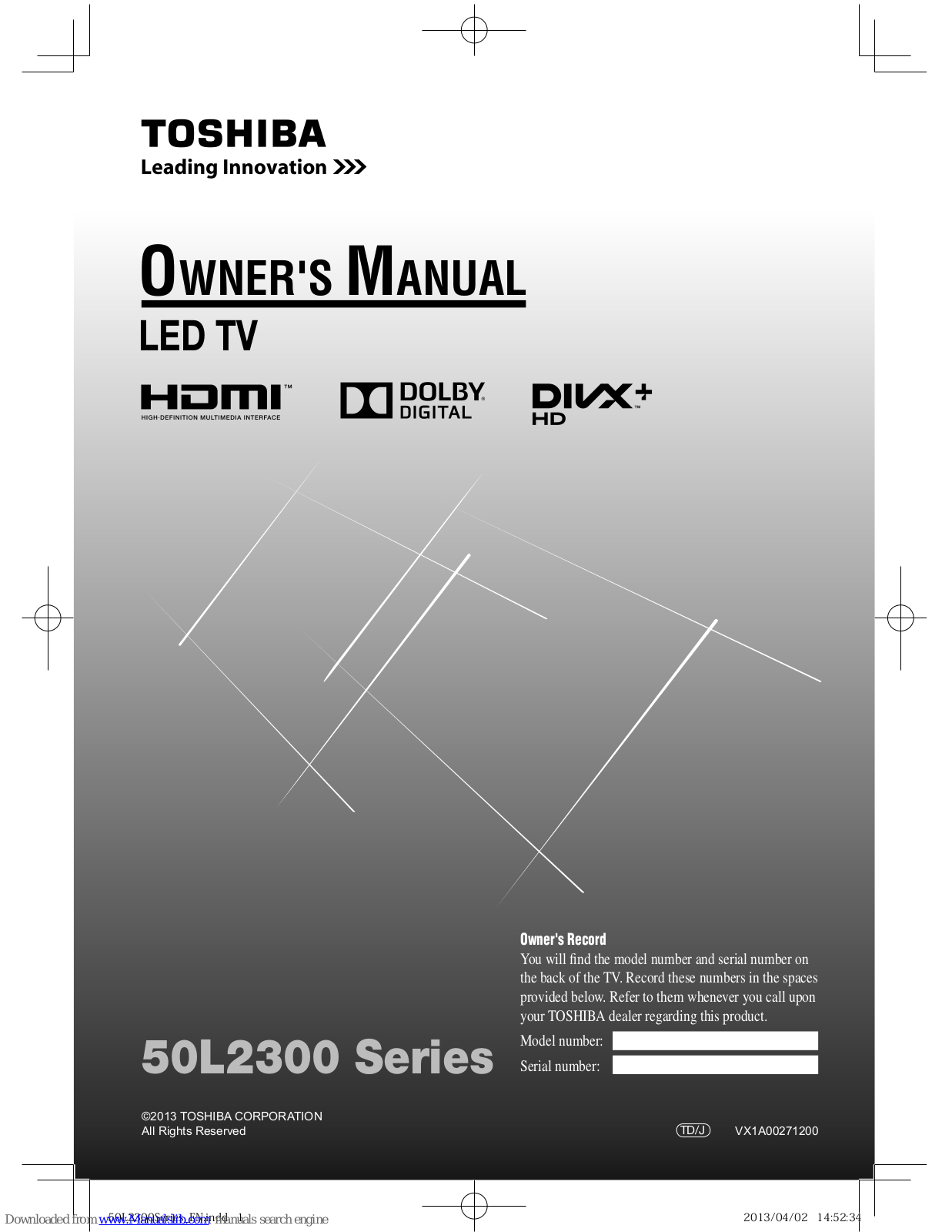 Toshiba 50L2300 series Owner's Manual