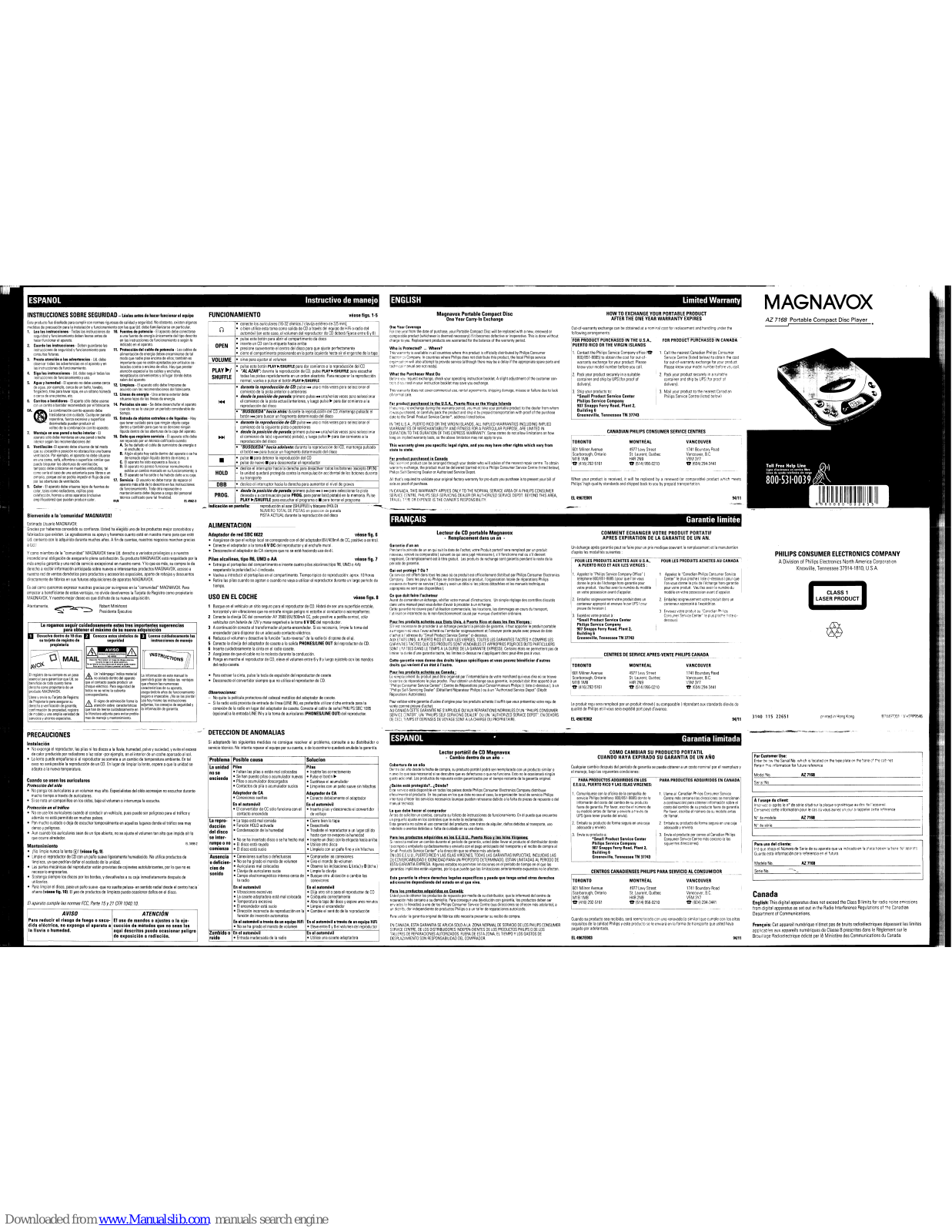 Magnavox AZ7168 - Cd Portable User Manual