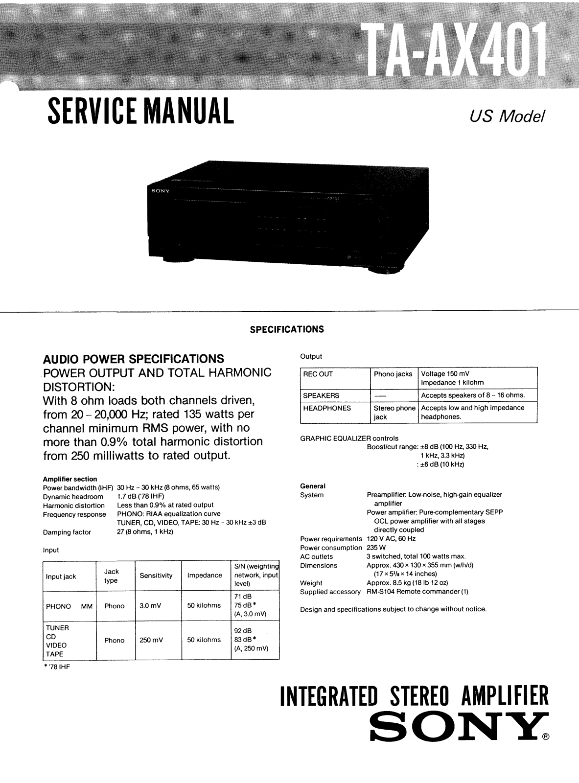 Sony TAAX-401 Service manual