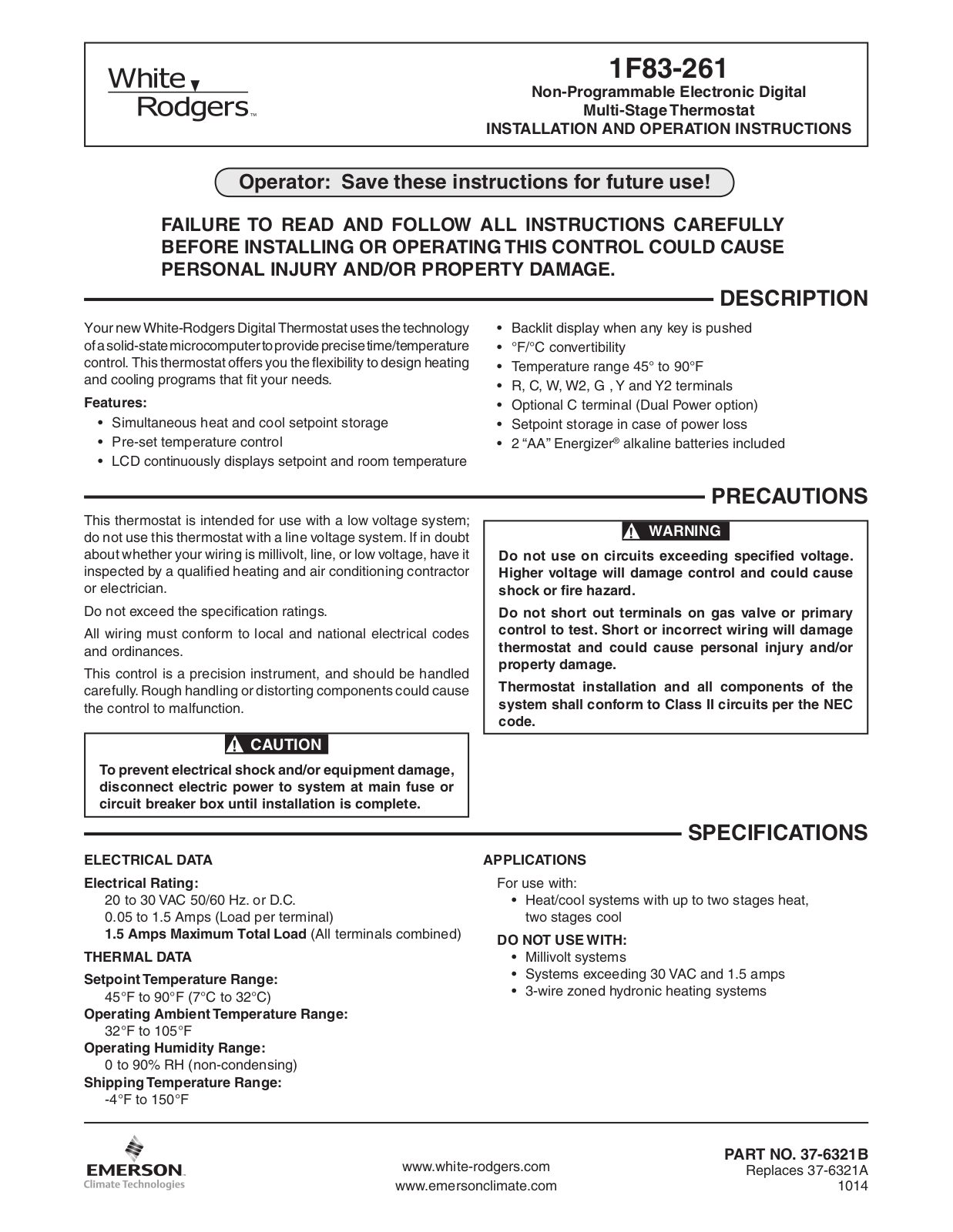 White Rodgers 1F83-261 Installation and Operation Instructions