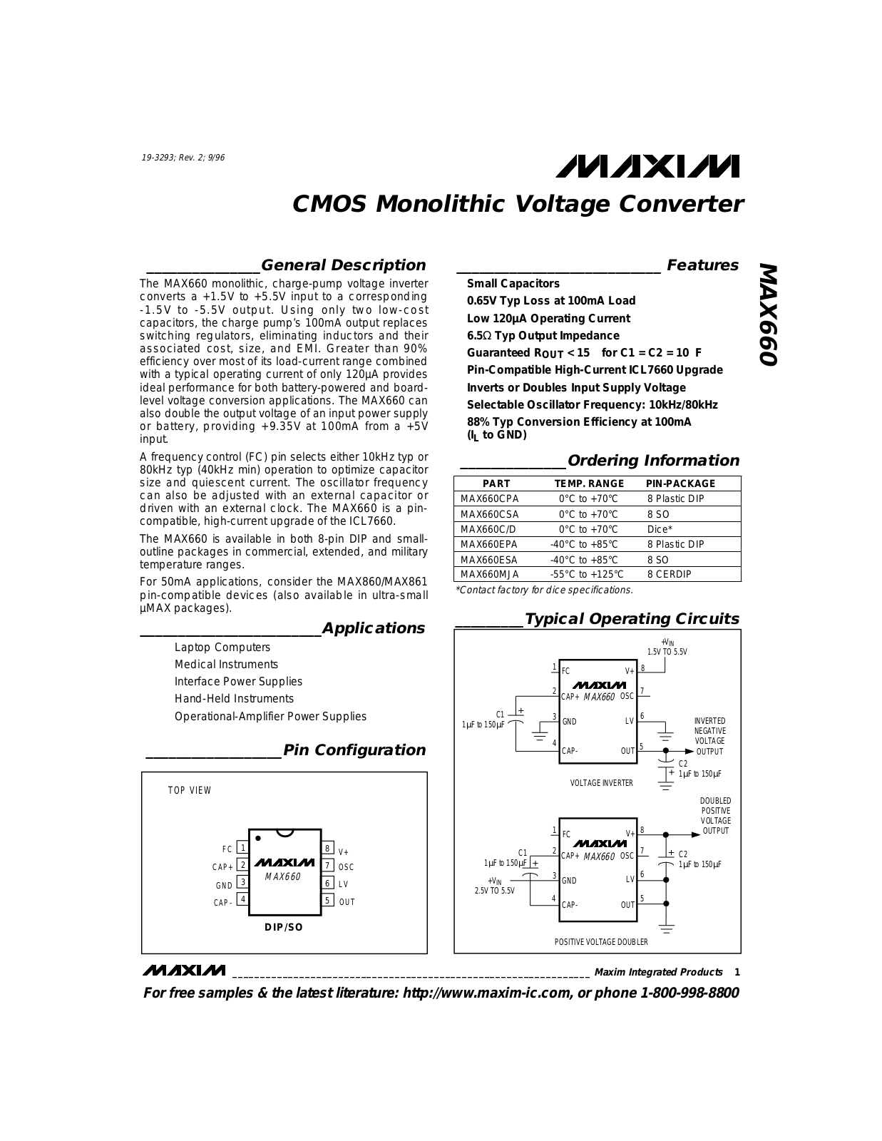 Maxim MAX660ESA, MAX660MJA, MAX660CPA, MAX660CSA, MAX660C-D Datasheet