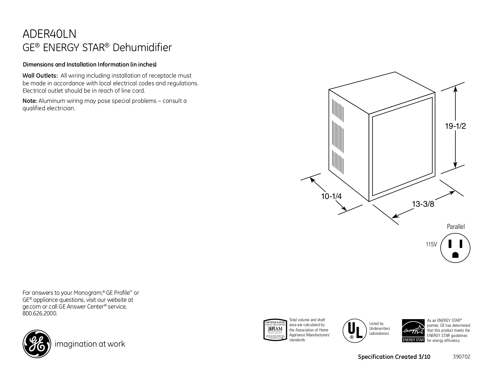 GE ADER40LN Specification