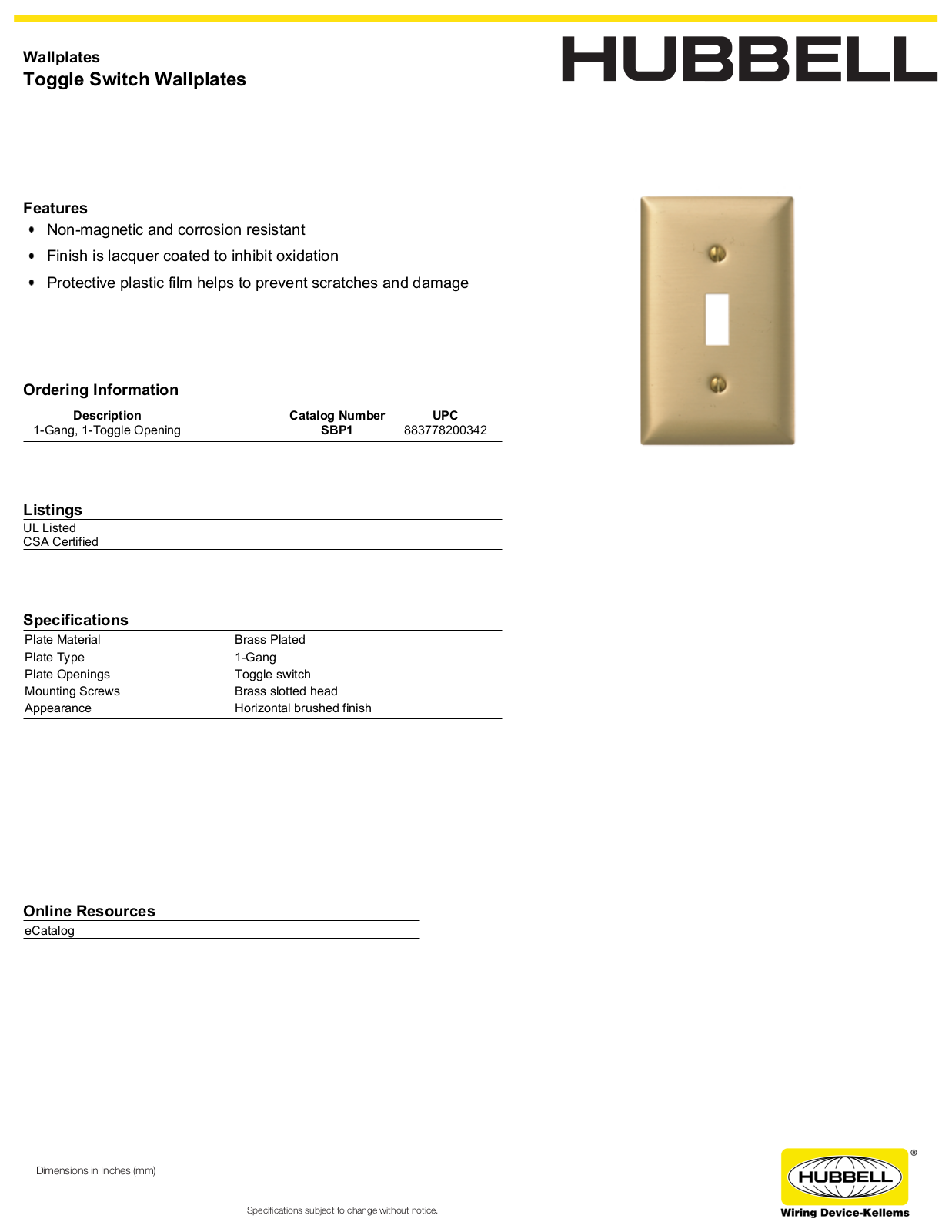 Hubbell SBP1 Specifications