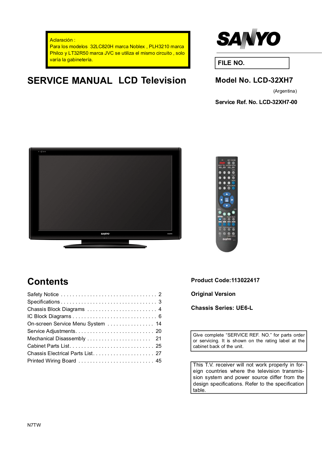 Sanyo LCD-32XH7, Noblex 32LC820H, Philco PLH3210, JVC LT32R50 Schematic