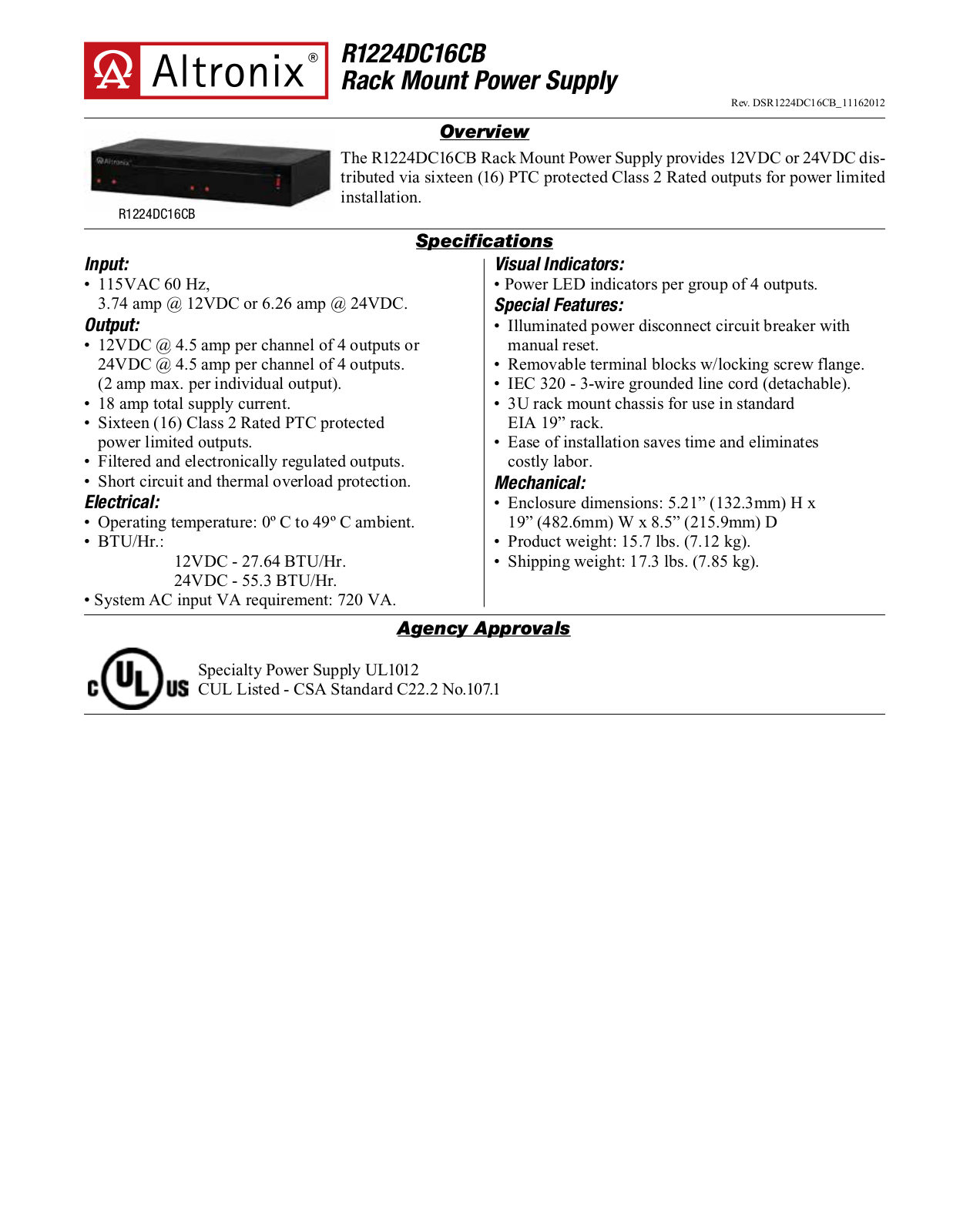 Altronix R1224DC16CB Specsheet