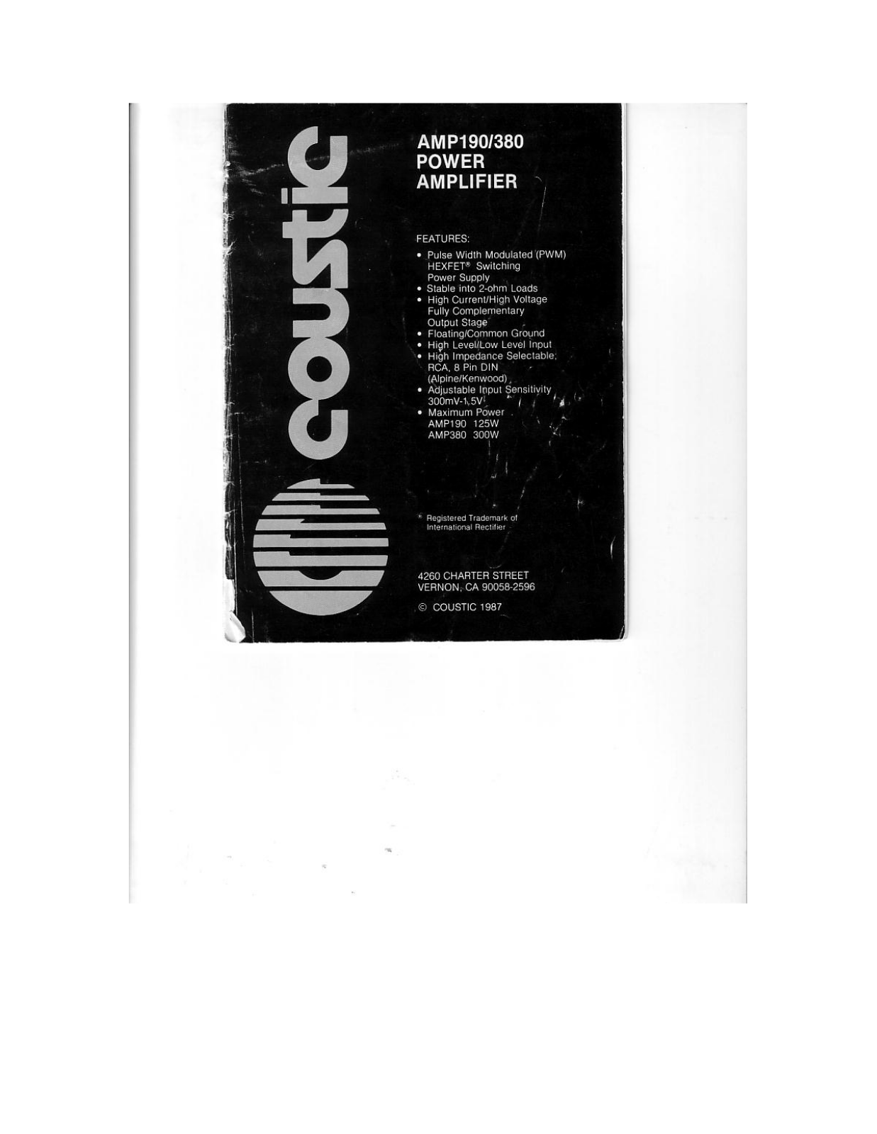 Coustic AMP-380, AMP-190 Instruction Manual
