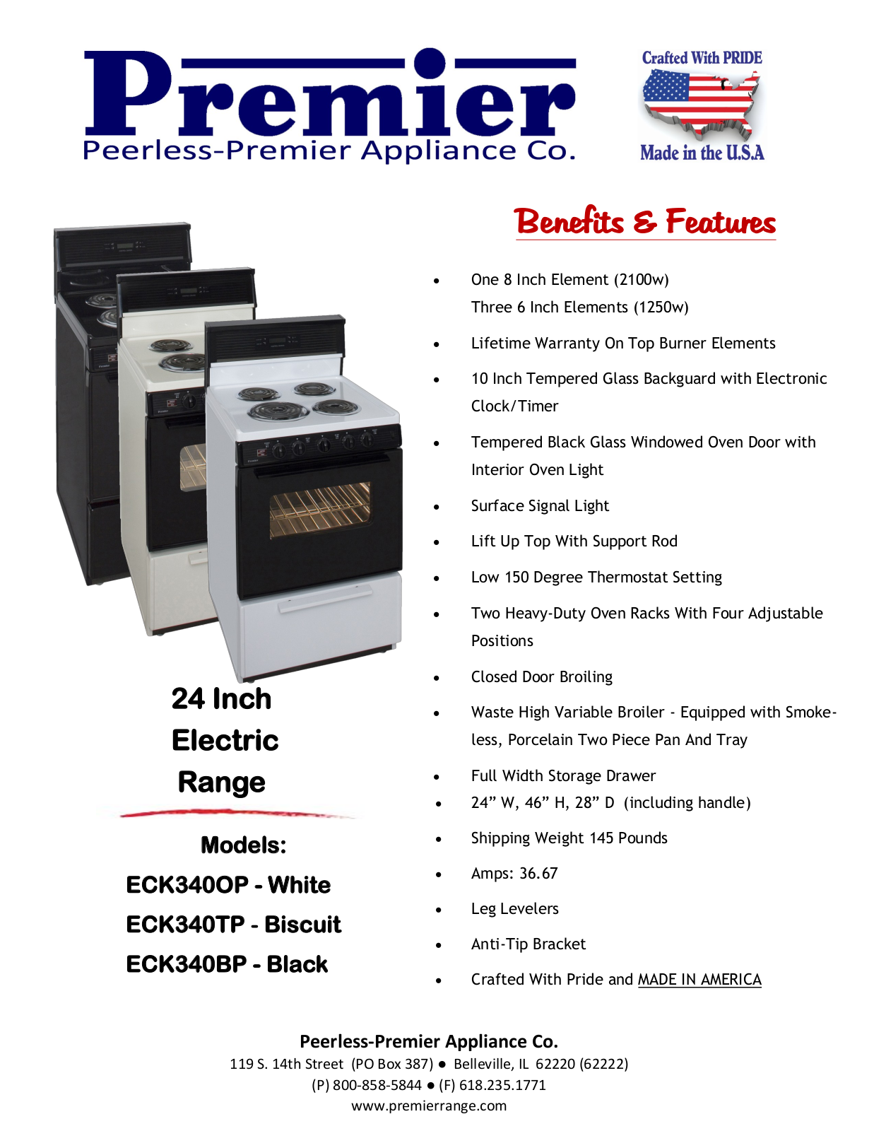Premier ECK340WP, ECK340TP, ECK340BP Specifications - ManualMachine.com